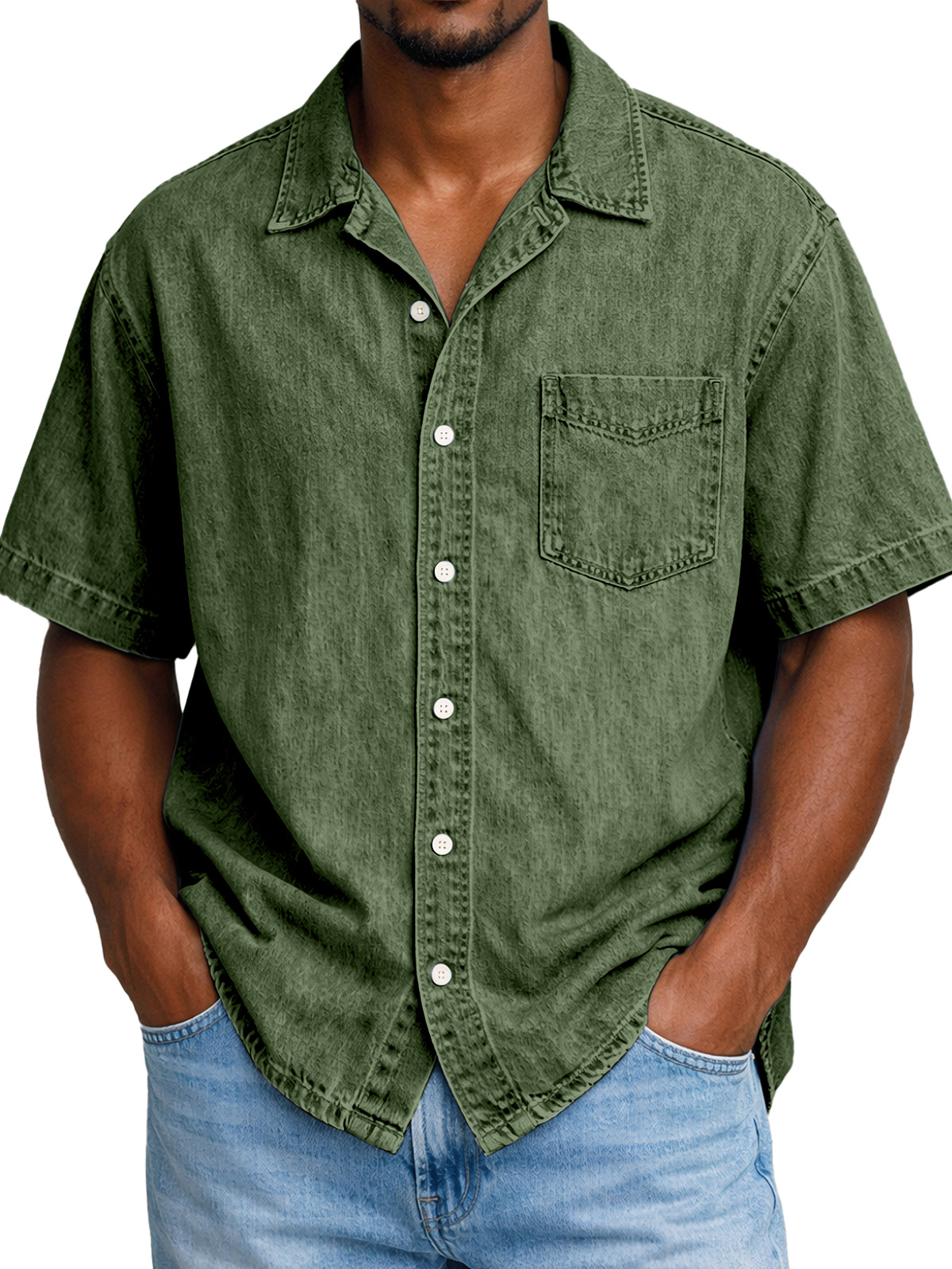 Men's Retro Solid Color Pocketed Cuban Collar Short-Sleeve Shirt