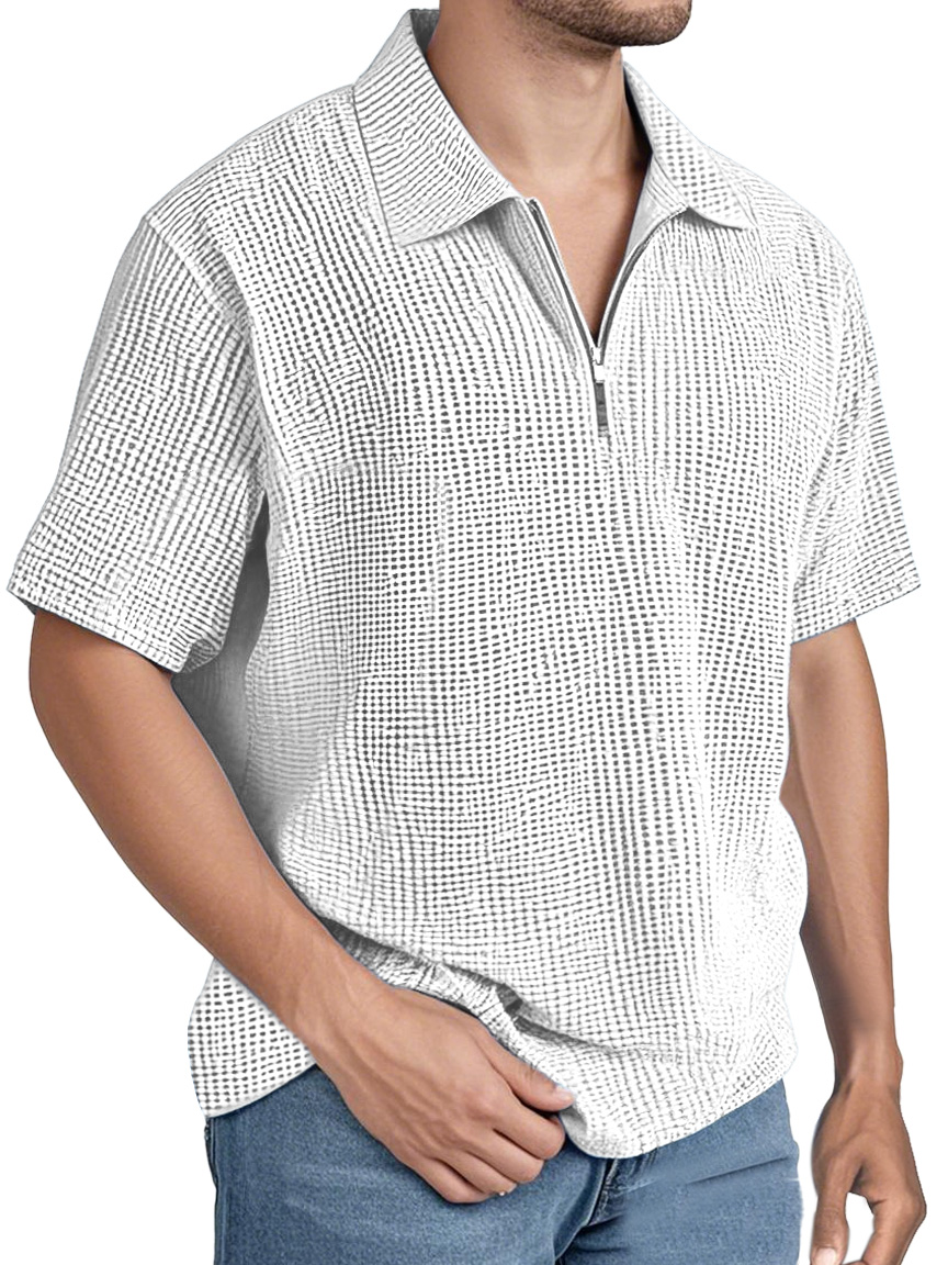 Men's Simple Solid Color Waffle Zipper Lapel Short-sleeved Polo Shirt