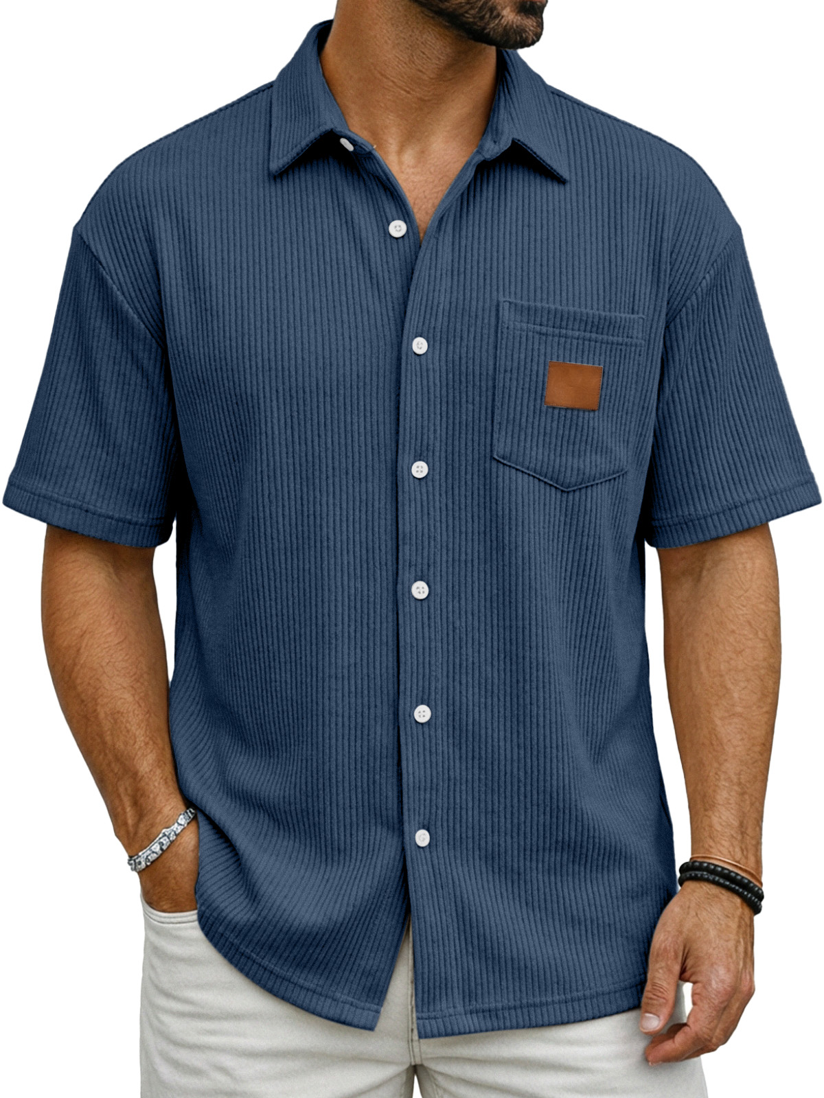 Men's Casual Simple Vertical Ribbed Fabric Shirt With Logo