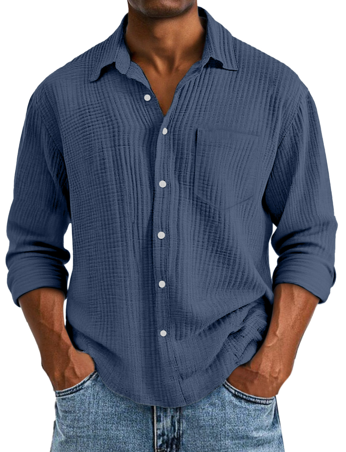 Men's Casual Solid Color Breathable Cotton Pleated Comfortable Lapel Long-sleeved Shirt