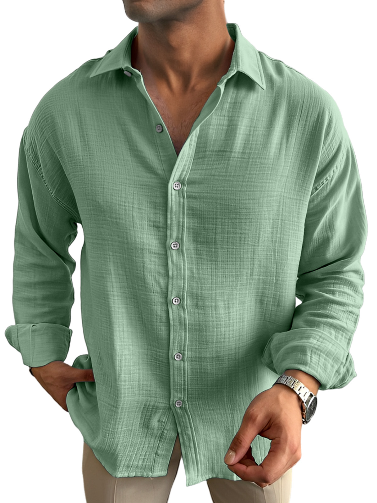 Men's Casual Solid Color Breathable And Comfortable Lapel Long-sleeved Shirt