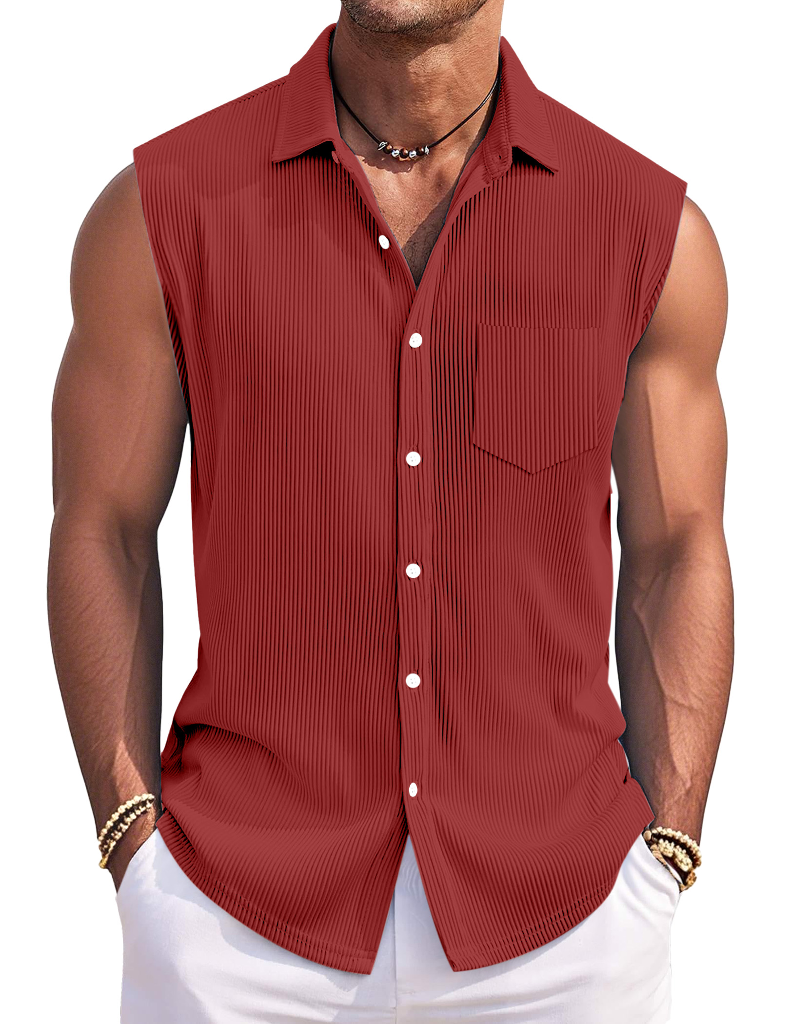 Men's Simple Solid Color Vertical Pit Lapel Button Sleeveless Shirt