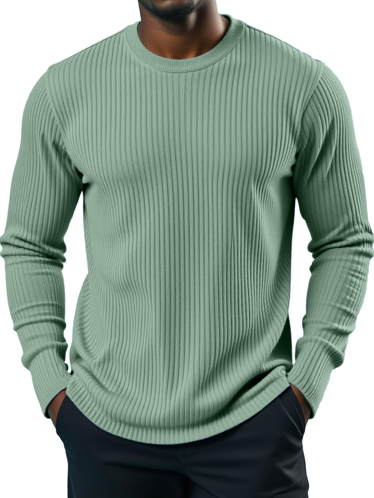 Men's Simple Daily Solid Color Vertical Pit Strip Round Neck Long-sleeved T-shirt