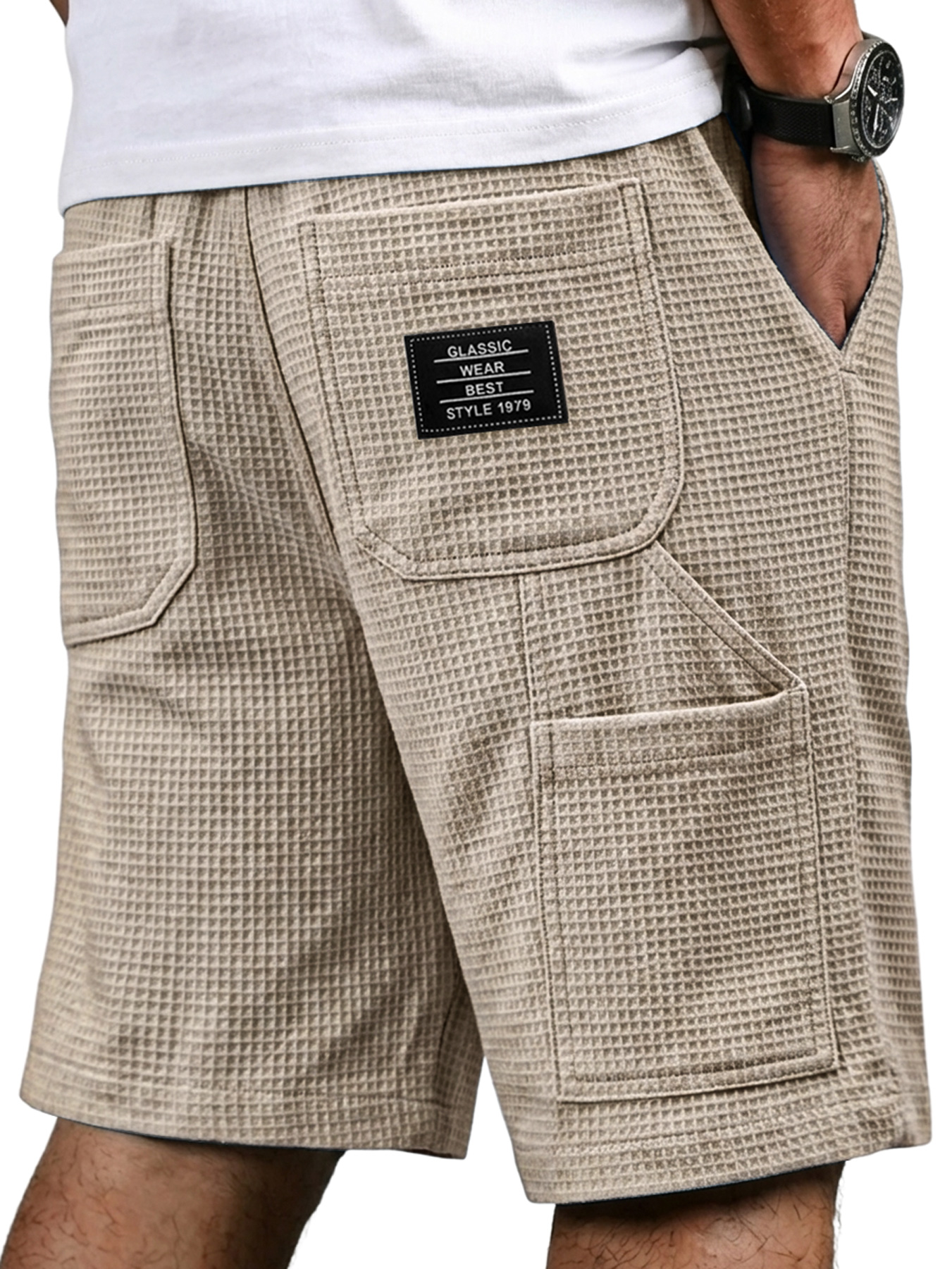 Men's Waffle-patterned Multi-pocket Embroidered Logo Casual Cargo Shorts