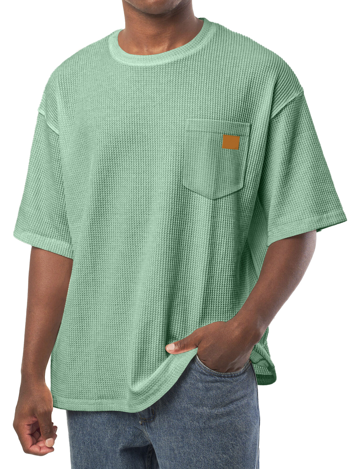 Men's Everyday Waffle Pocket Embroidered Logo Crew Neck Casual Loose Short Sleeve T-Shirt