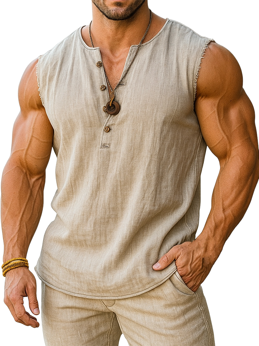 Men's Retro Cotton And Linen Sleeveless Henley Button-down T-shirt