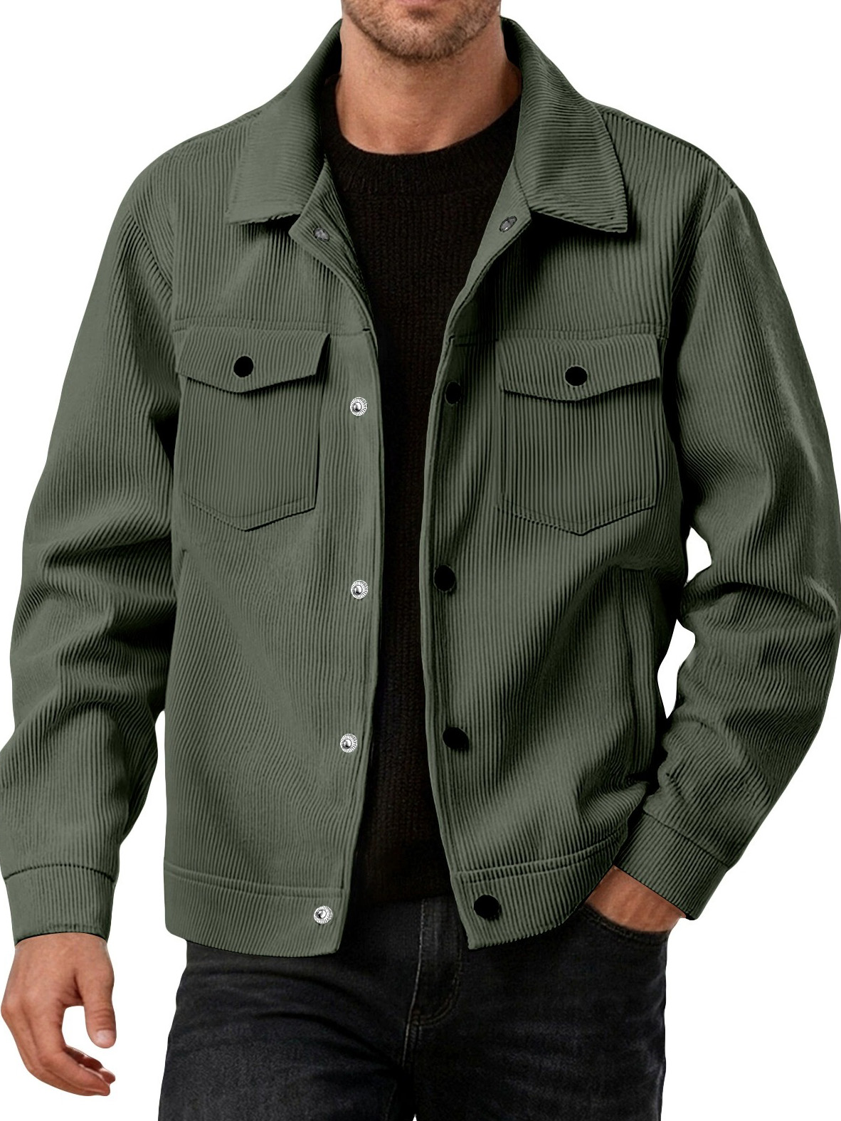 Men's Fashionable Casual Ribbed Fabric Long-Sleeved Pocket Jacket
