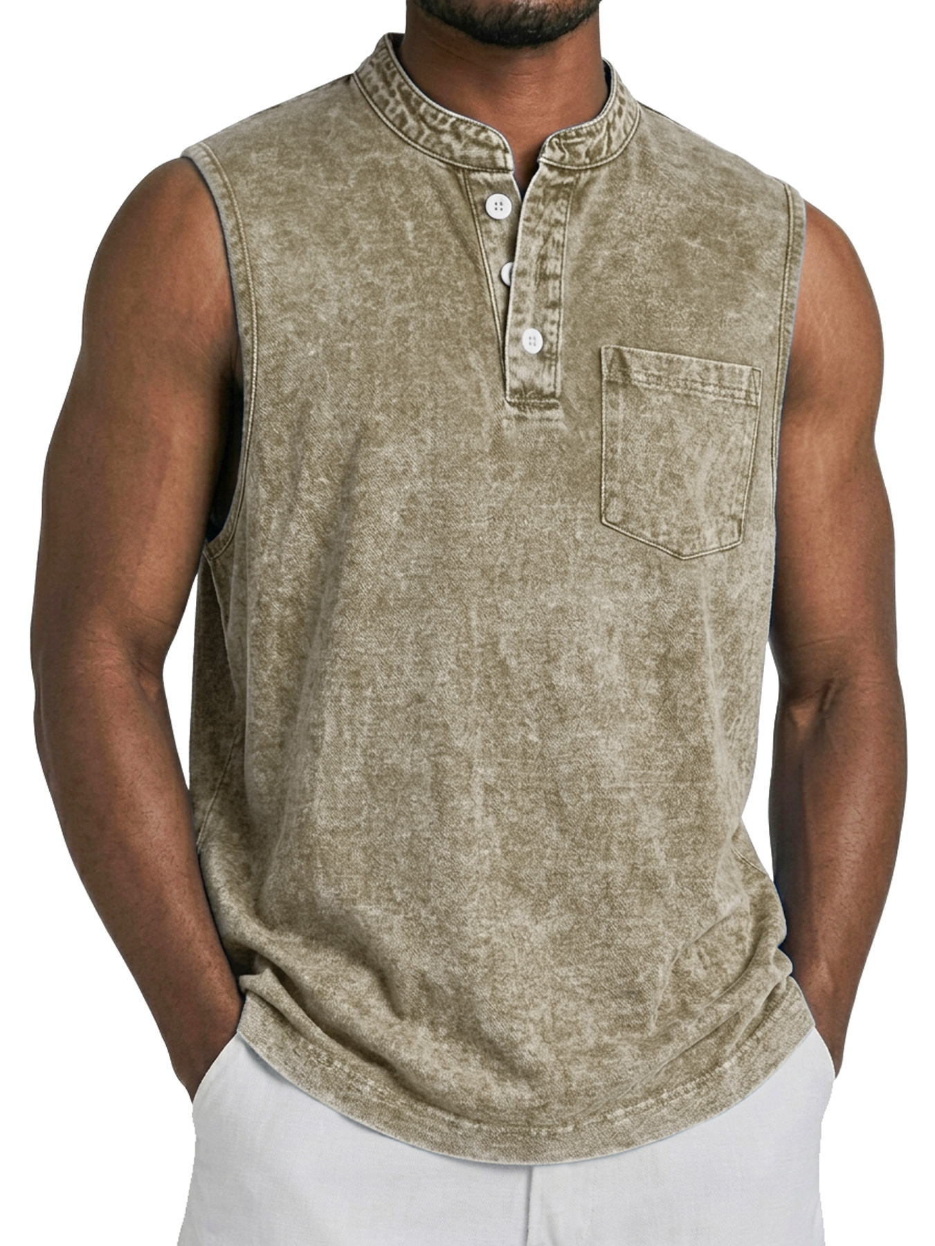 Men's Retro Stand Collar Button Casual Pocket Sleeveless Vest