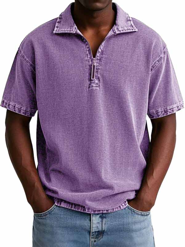 Men's Retro Distressed Zip Short Sleeve Polo Shirt