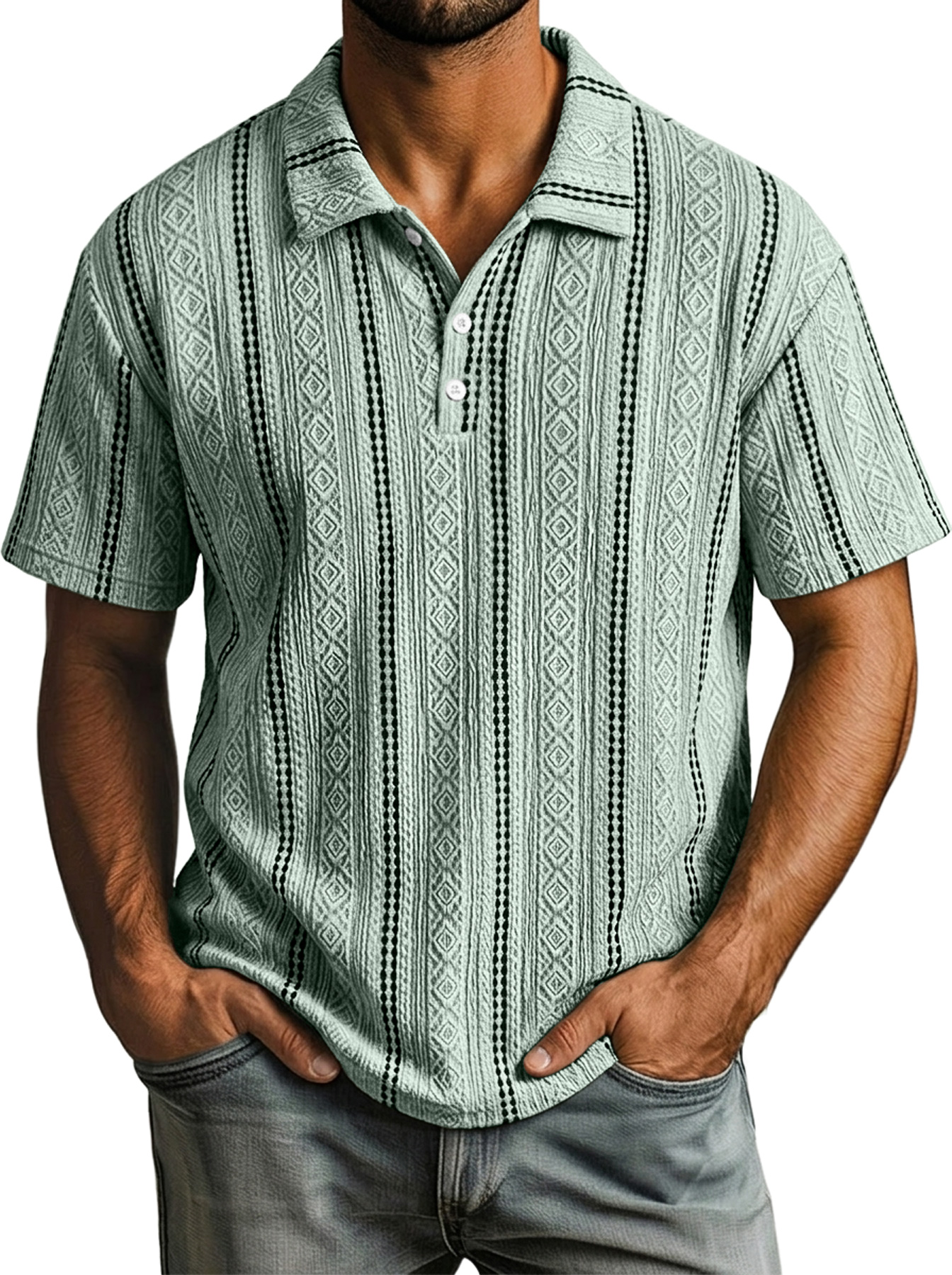 Men's Casual Color-Blocked Textured Collar Button-Up Comfortable Short-Sleeve Polo Shirt