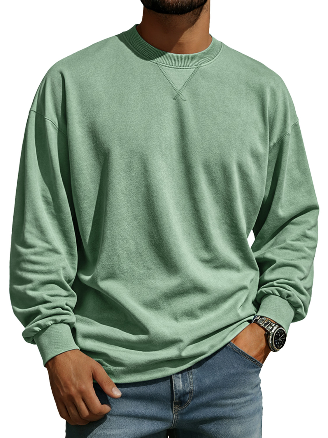 Men's Comfortable Crew Neck Long-sleeved T-shirt With A Crossover Design