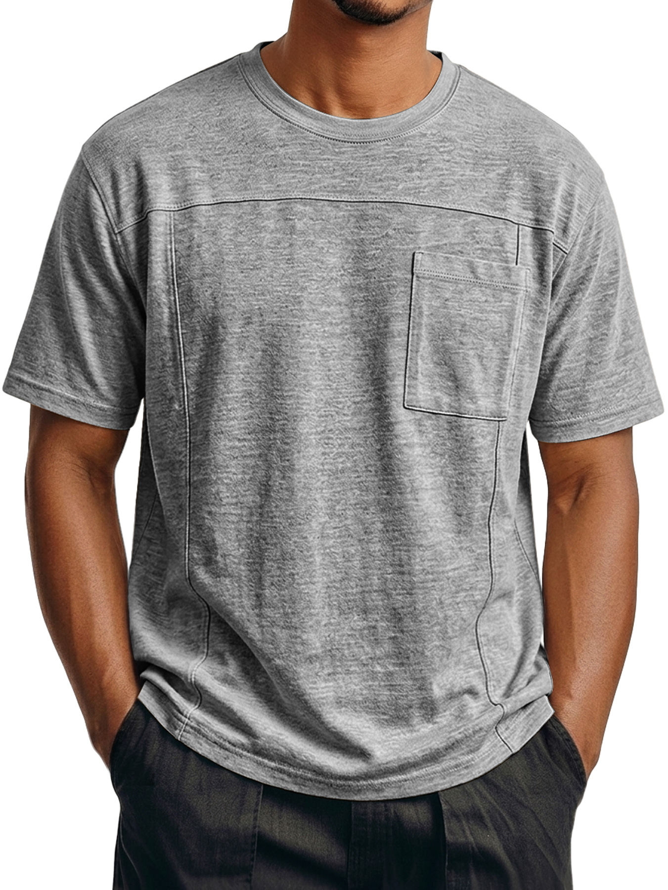 Men's Crew Neck Short-Sleeve T-Shirt with Deconstructed Design and Pocket
