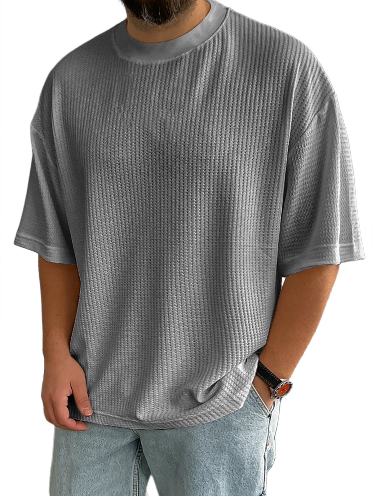 Men's Casual Textured Round Neck Solid Color Short-sleeved T-shirt