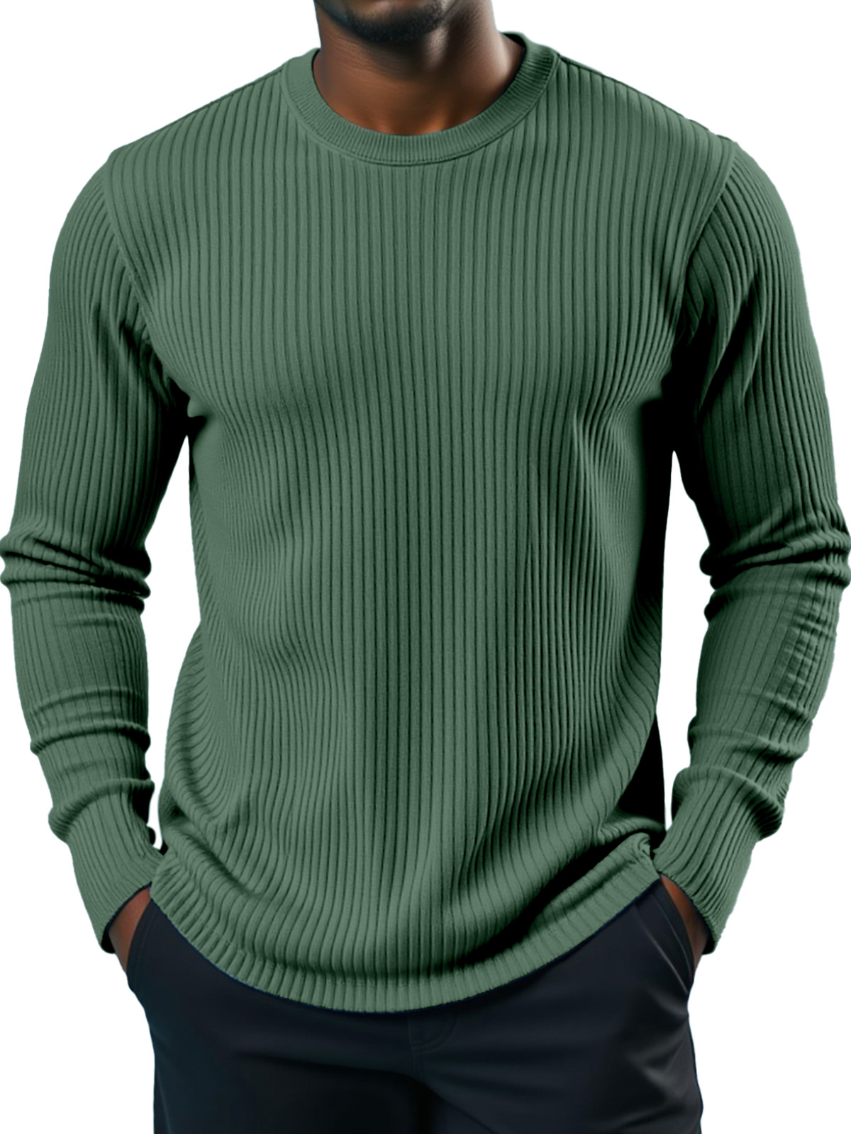Men's Simple Daily Solid Color Vertical Pit Strip Round Neck Long-sleeved T-shirt