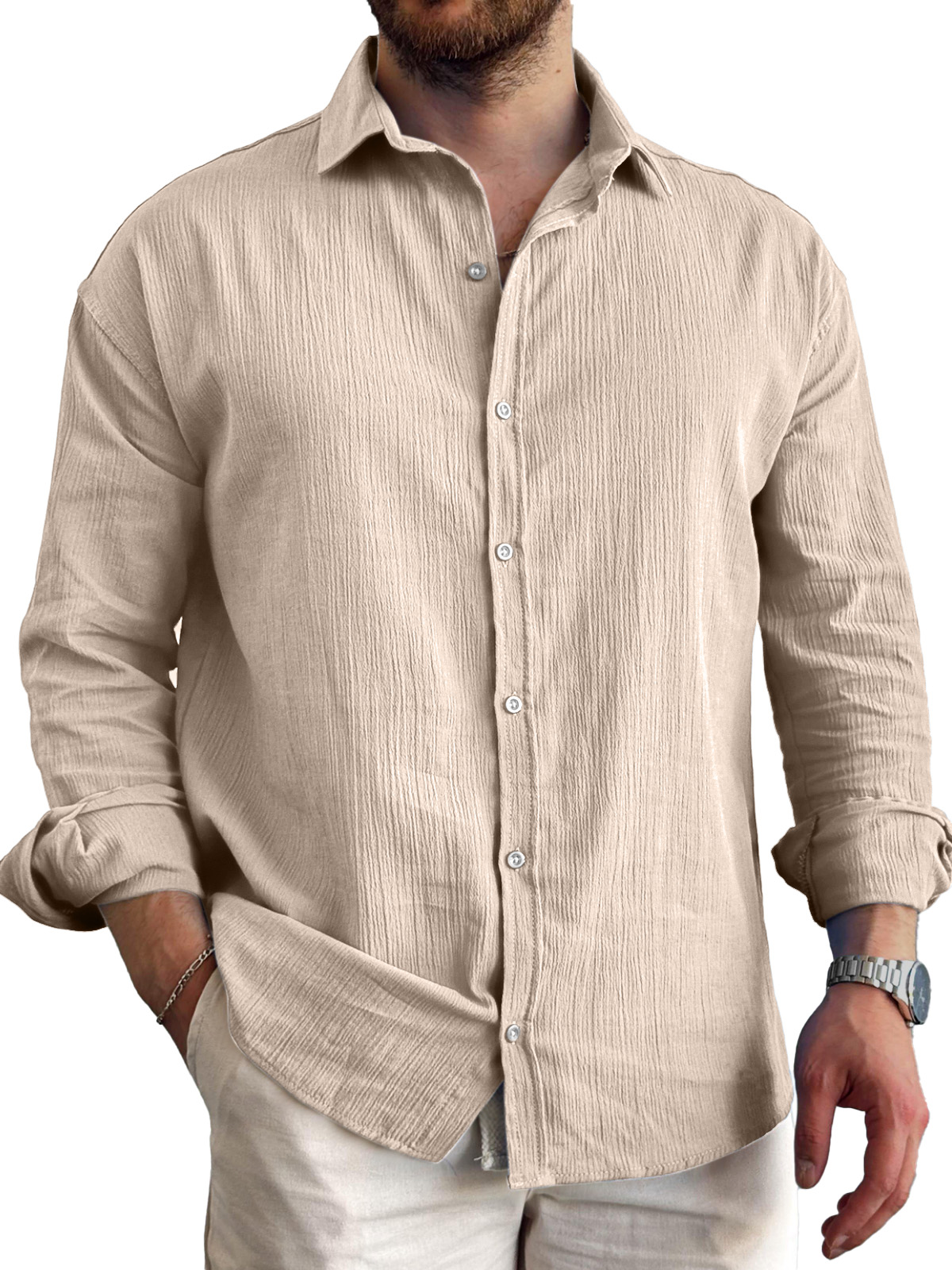 Men's Daily Simple Pleated Textured Lapel Long-sleeved Shirt