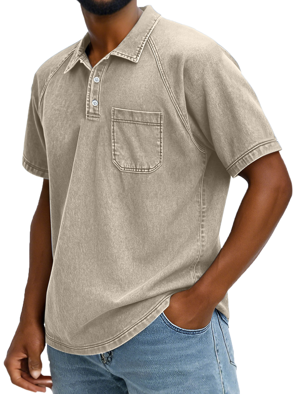 Men's Retro Solid Color Comfortable Raglan Sleeve Polo Shirt