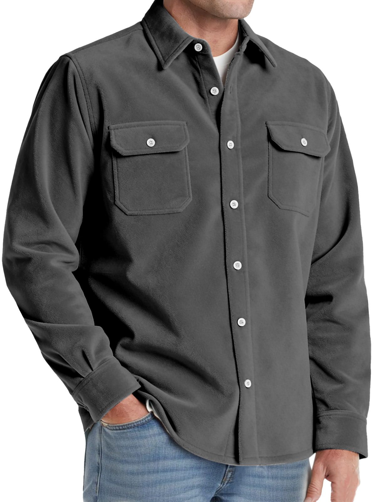 Men's Comfortable Solid-color Suede Double-pocket Long-sleeved Shirt