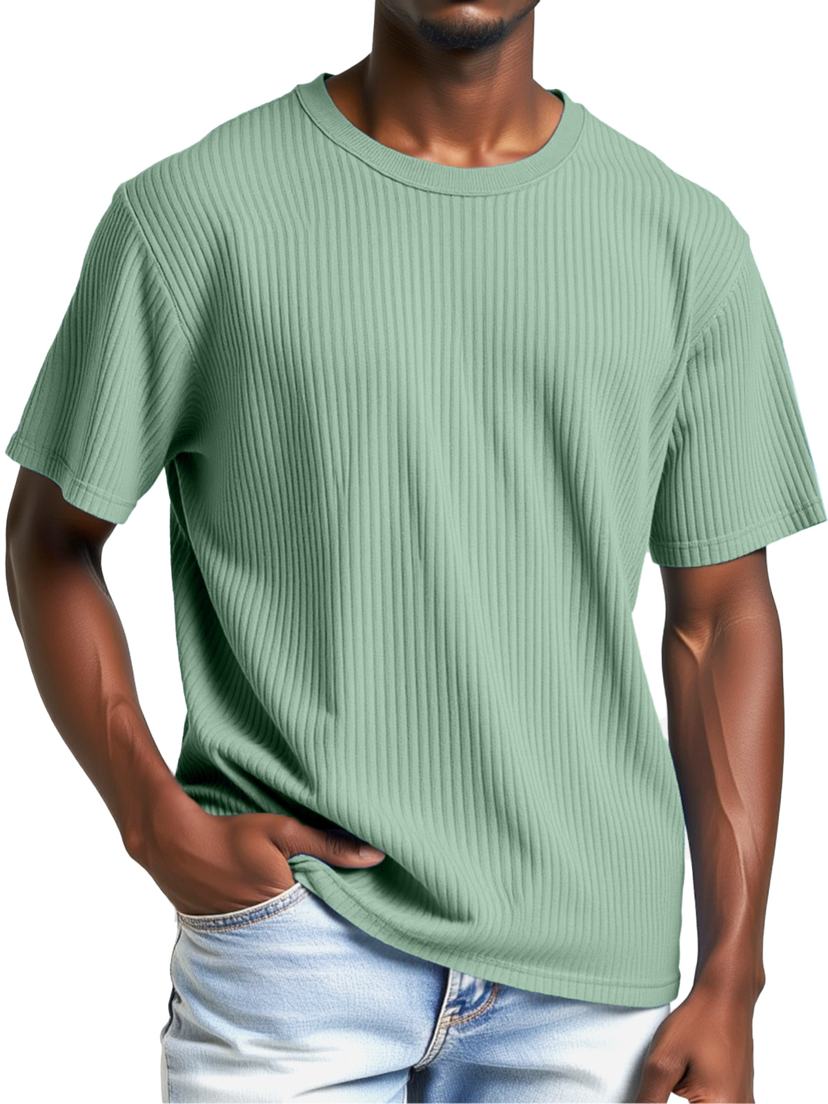 Men's Comfortable Solid Color Vertical Pit Round Neck Short-sleeved T-shirt