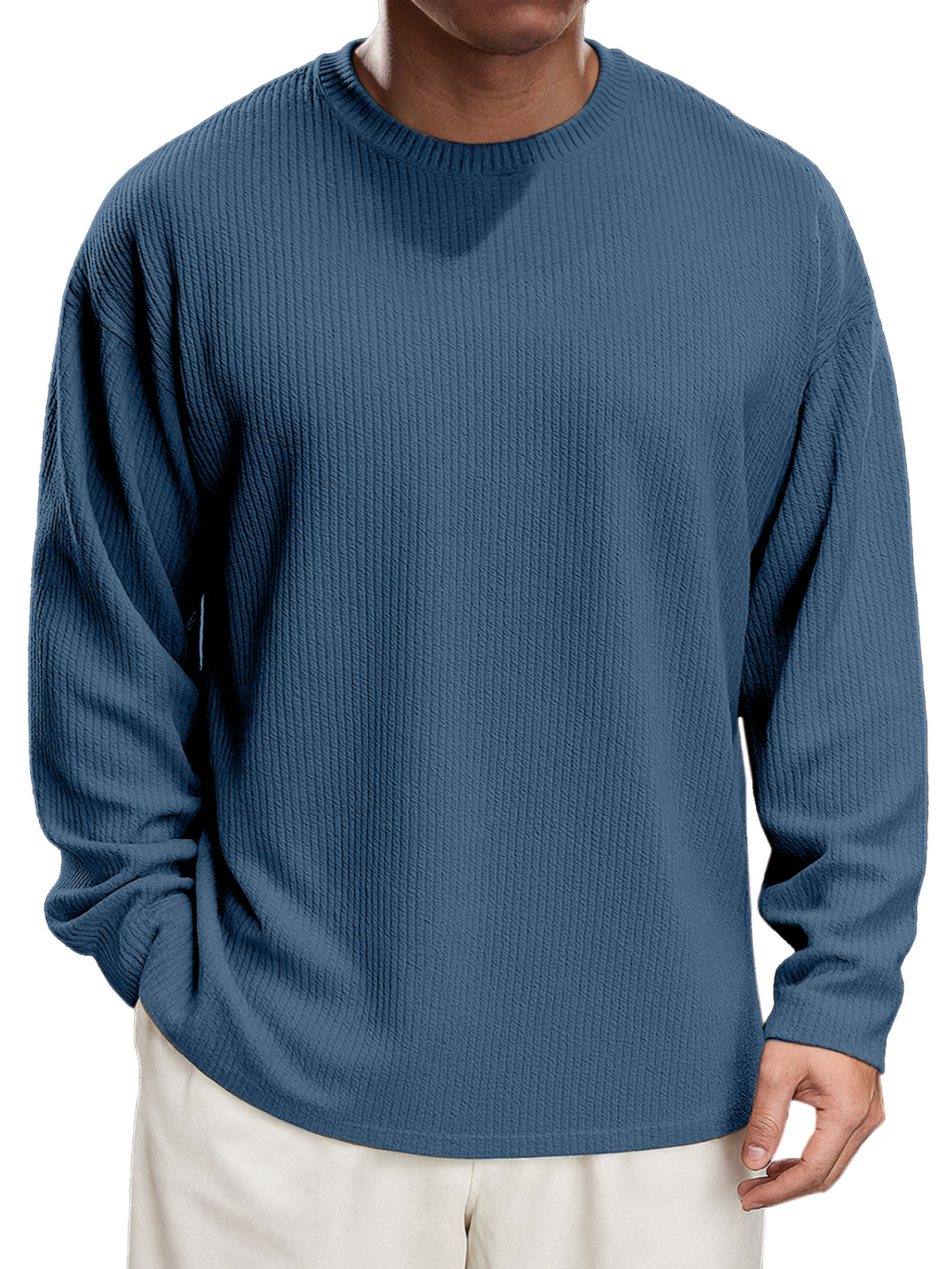 Men's Simple Daily Solid Color Texture Round Neck Long-sleeved T-shirt