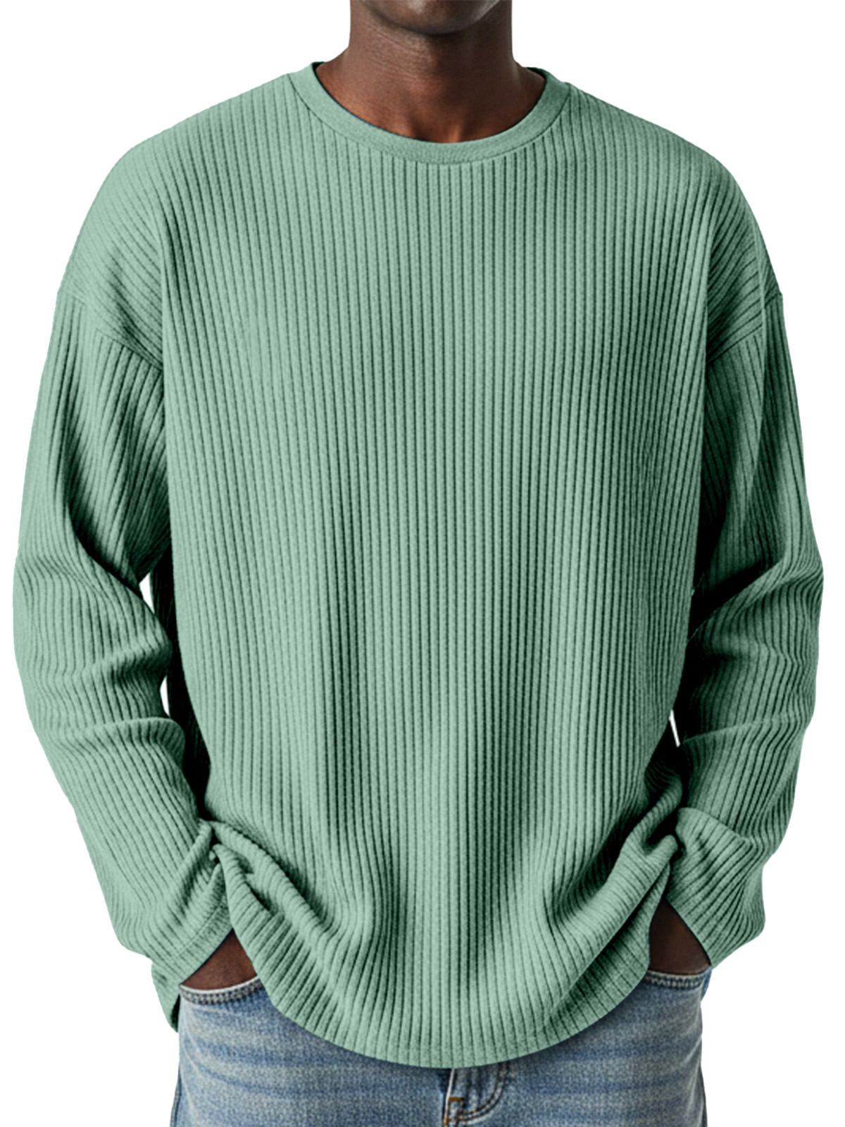 Men's Simple Daily Solid Color Vertical Pit Strip Round Neck Long-sleeved T-shirt
