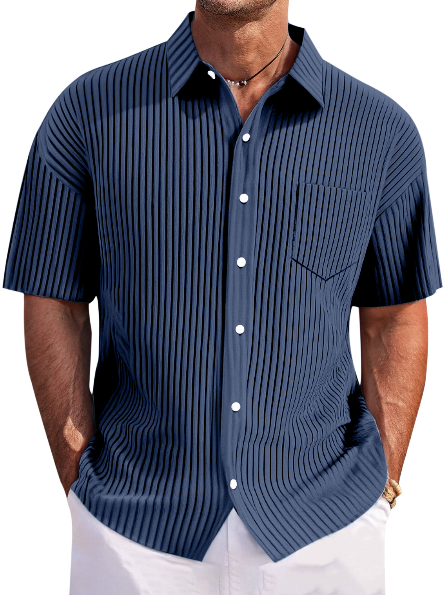 Men's Casual Loose Pitted Textured Lapel Button-down Short-sleeved Shirt