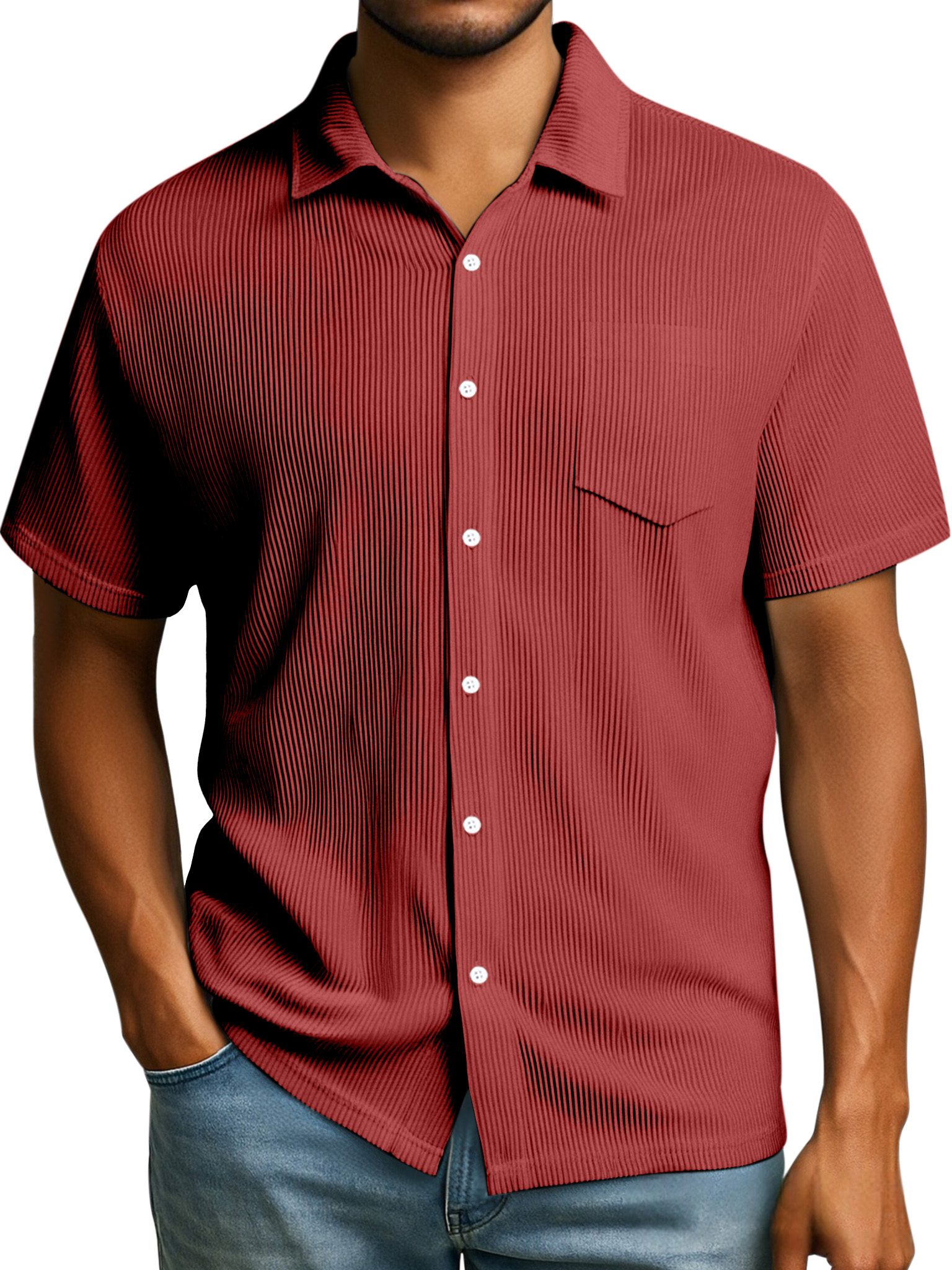 Men's Daily Casual Solid Color Loose Rib Stitch Short-sleeved Lapel Shirt