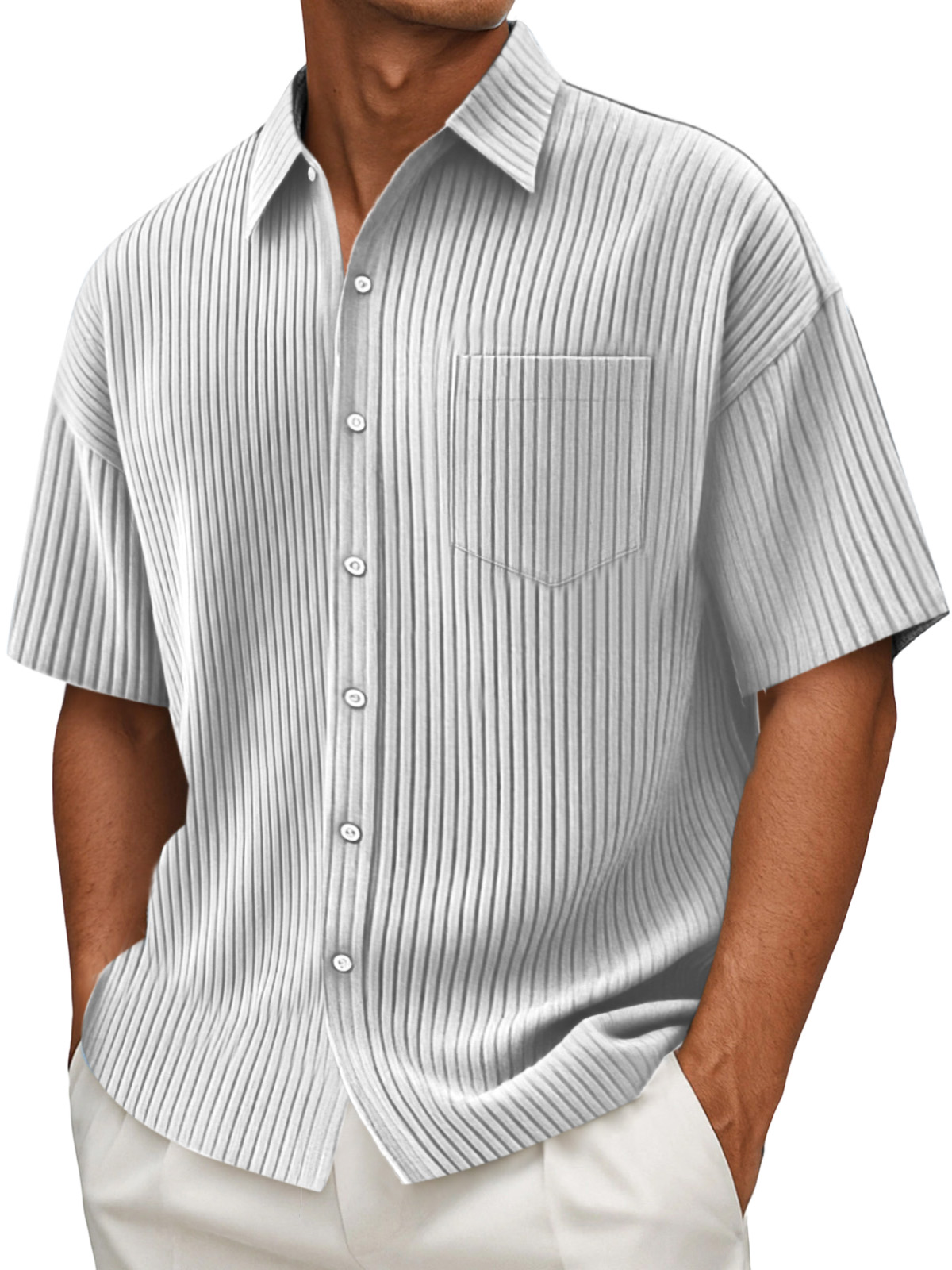 Men's Daily Solid Color Vertical Pit Design Short-sleeved Shirt