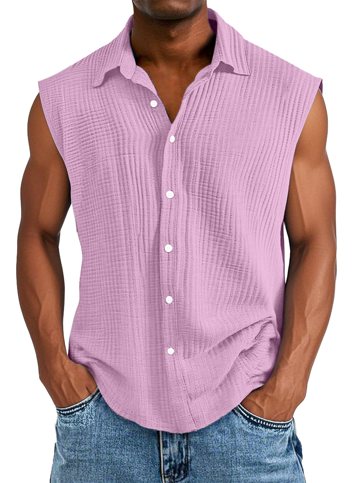 Men's Casual Solid Color Pleated Texture Sleeveless Lapel Shirt