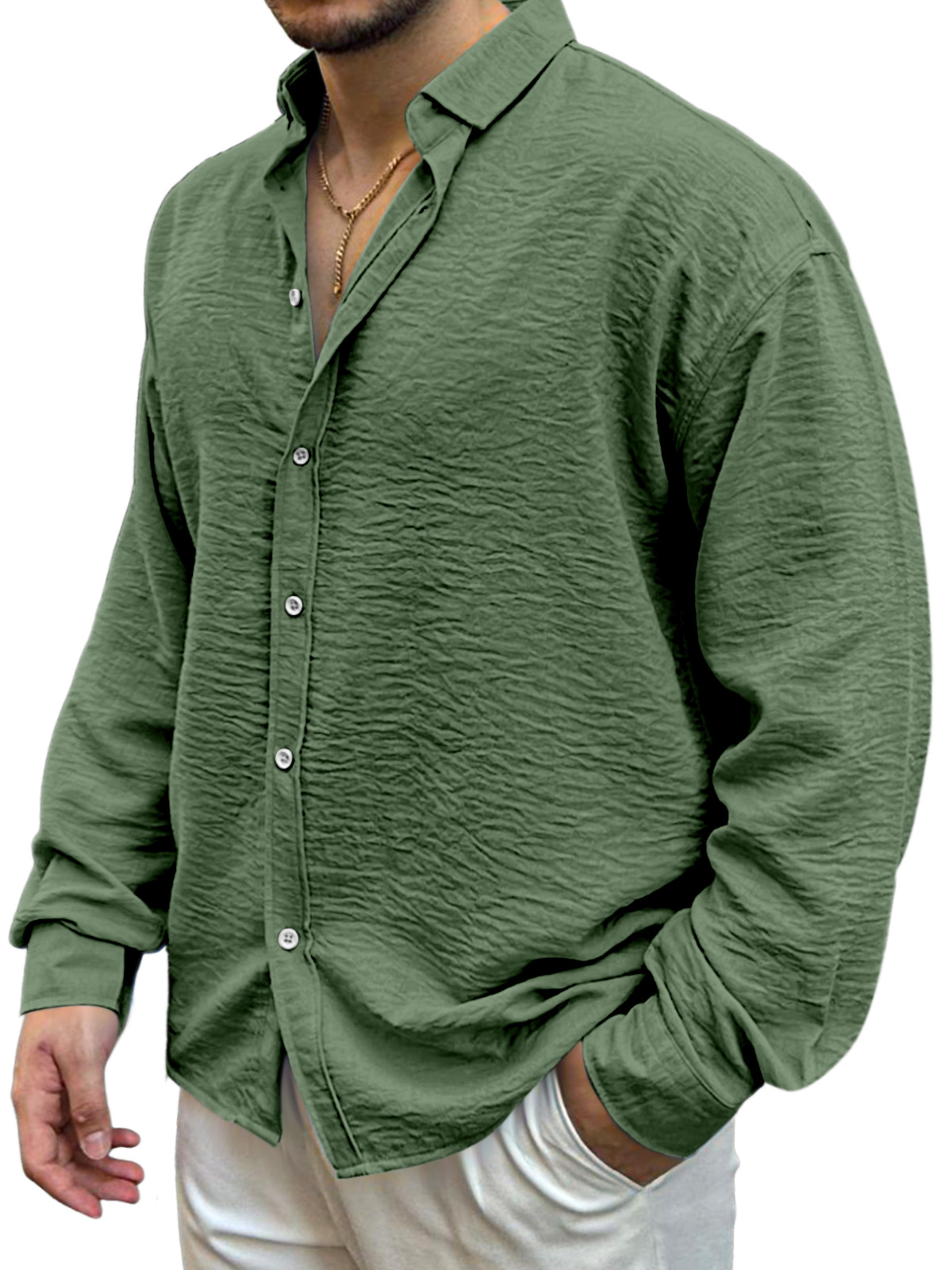Men's Simple Solid Color Pleated Loose And Comfortable Lapel Long-sleeved Shirt