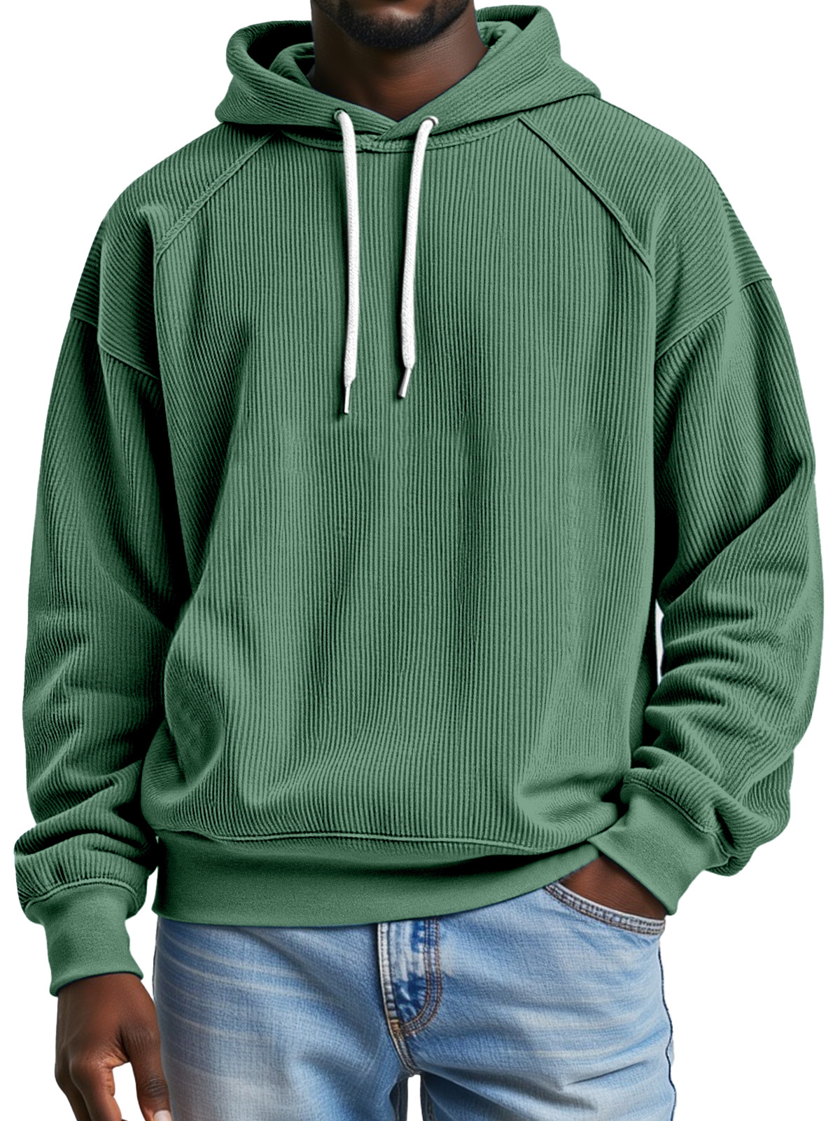 Men's Simple And Comfortable Vertical Pit Strip Raglan Design Loose Hooded Sweatshirt