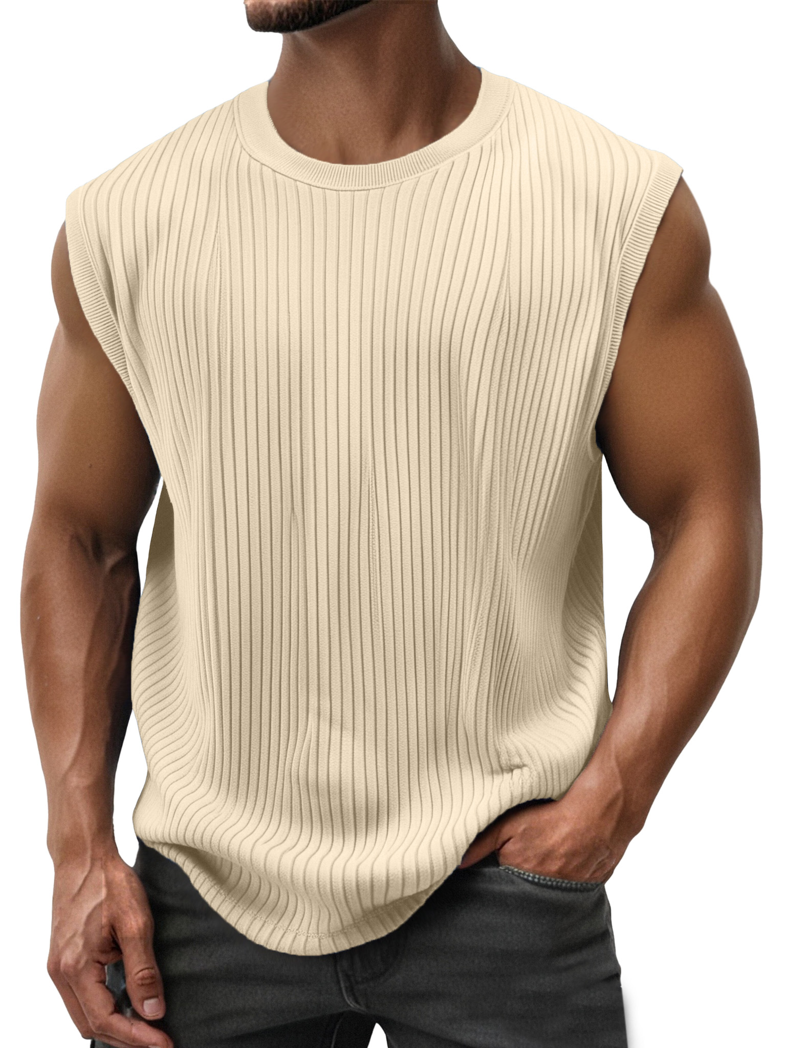 Men's Simple Everyday Solid Color Vertical Strip Sleeveless Round Neck T-shirt