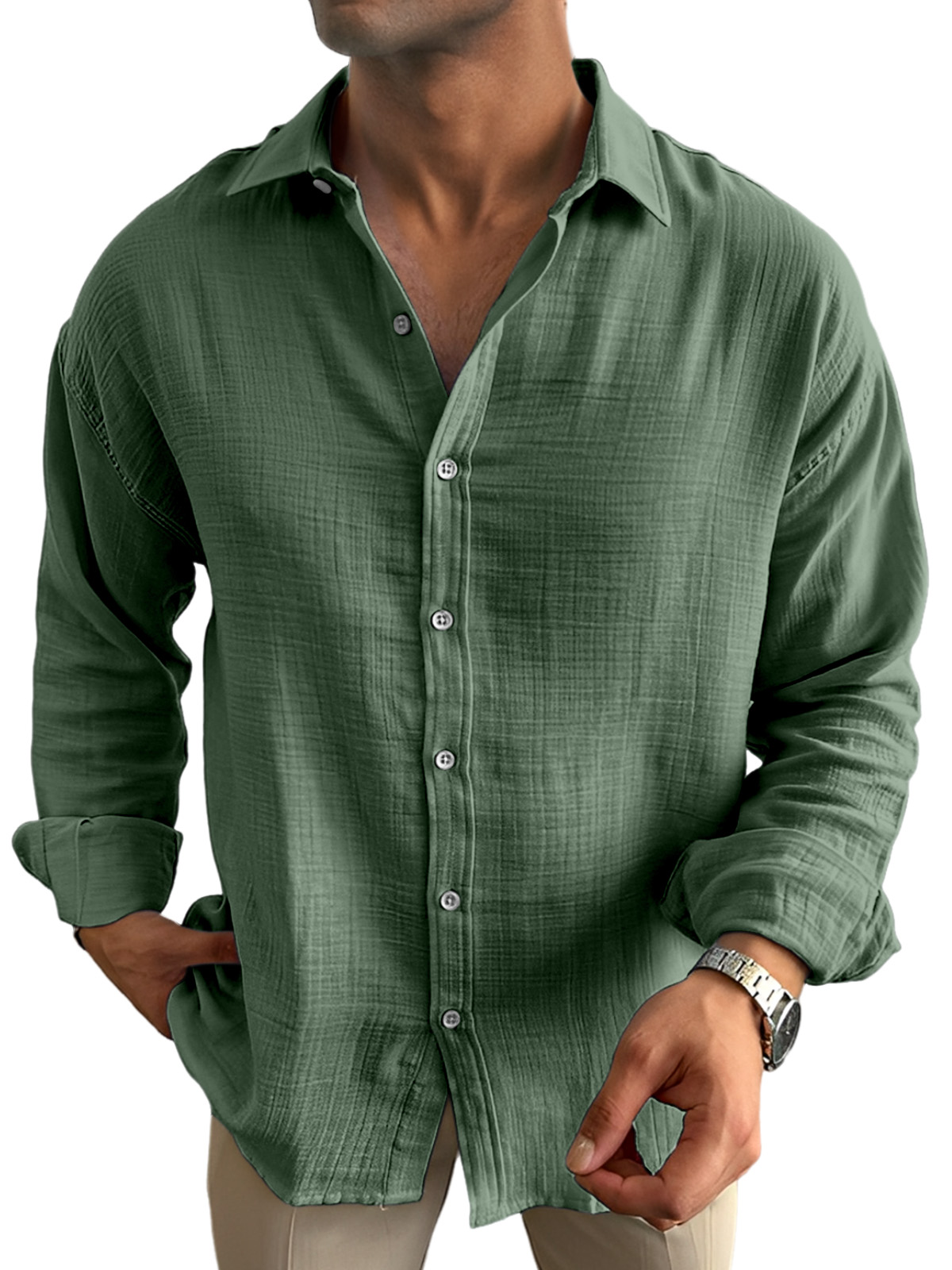 Men's Casual Solid Color Breathable And Comfortable Lapel Long-sleeved Shirt