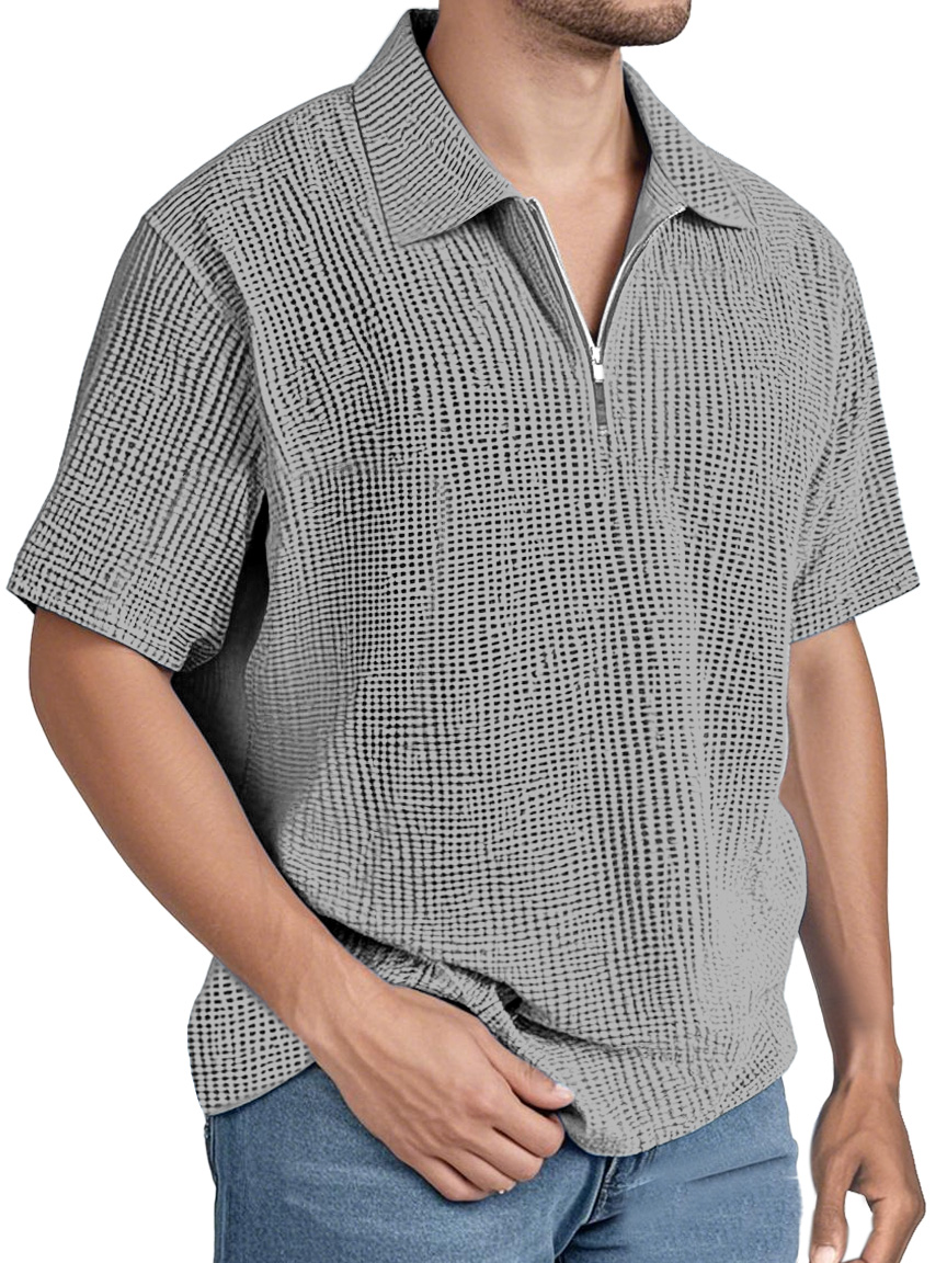 Men's Simple Solid Color Waffle Zipper Lapel Short-sleeved Polo Shirt