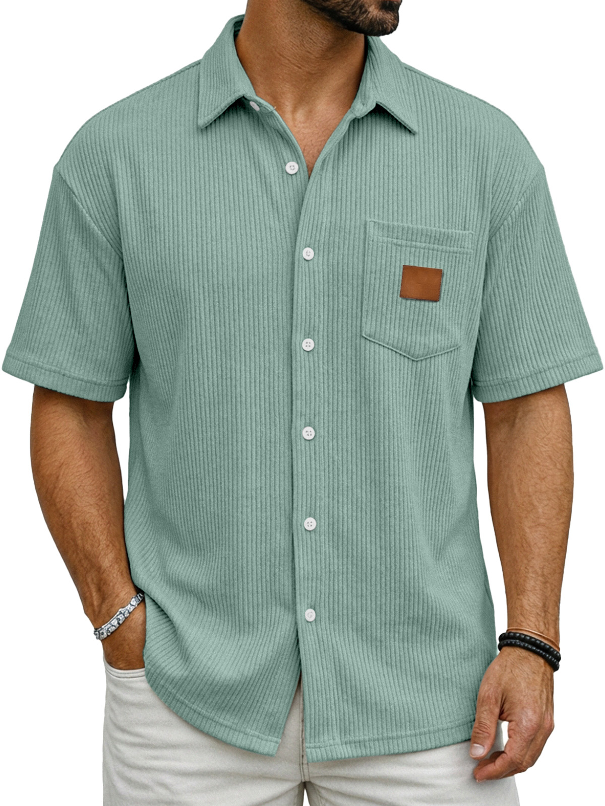 Men's Casual Simple Vertical Ribbed Fabric Shirt With Logo