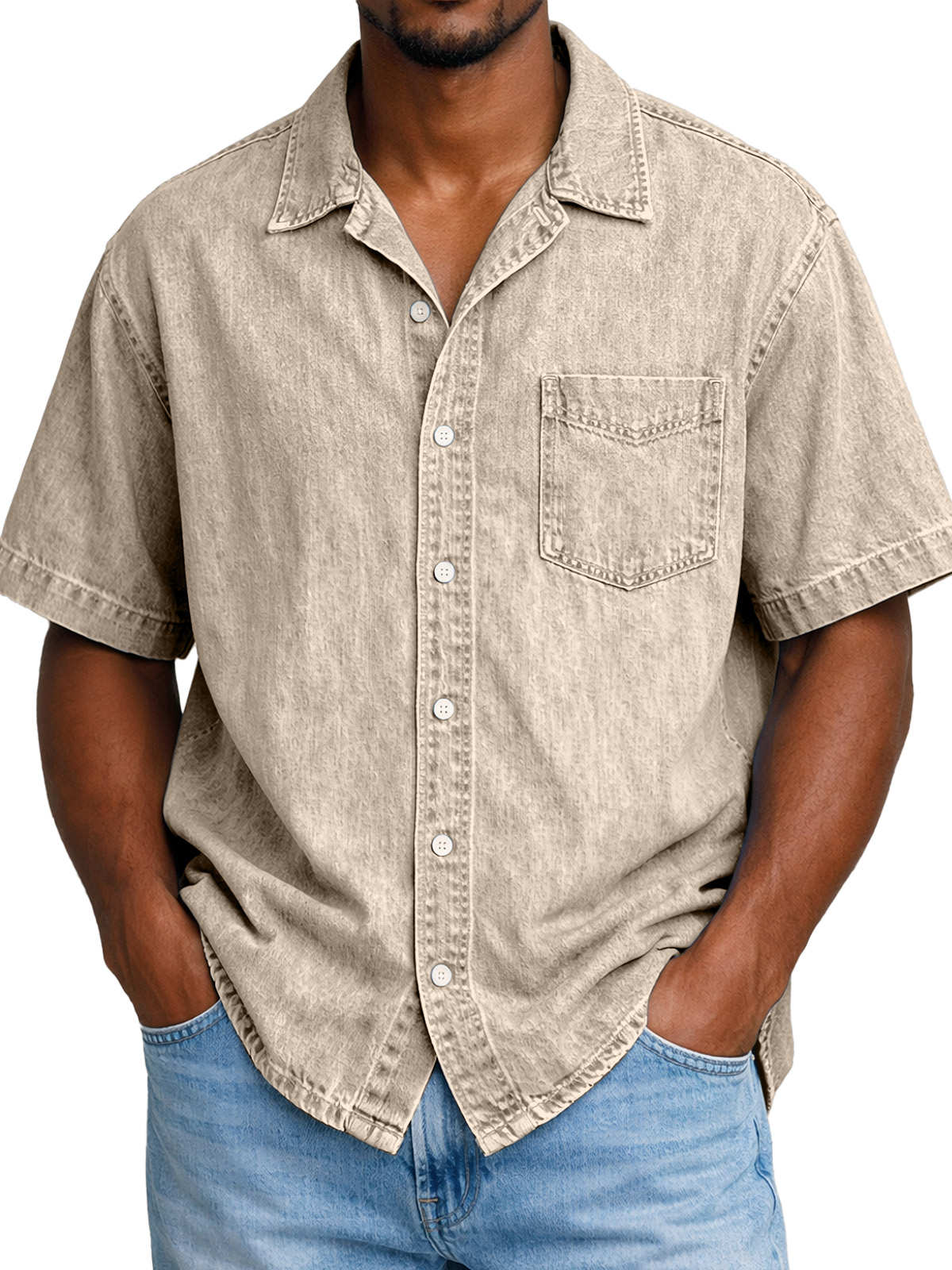 Men's Retro Solid Color Pocketed Cuban Collar Short-Sleeve Shirt