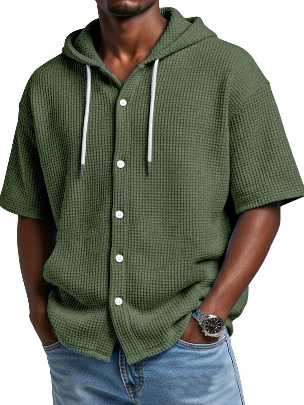 Everyday Casual Waffle Hooded Short Sleeve Button-Down Shirt