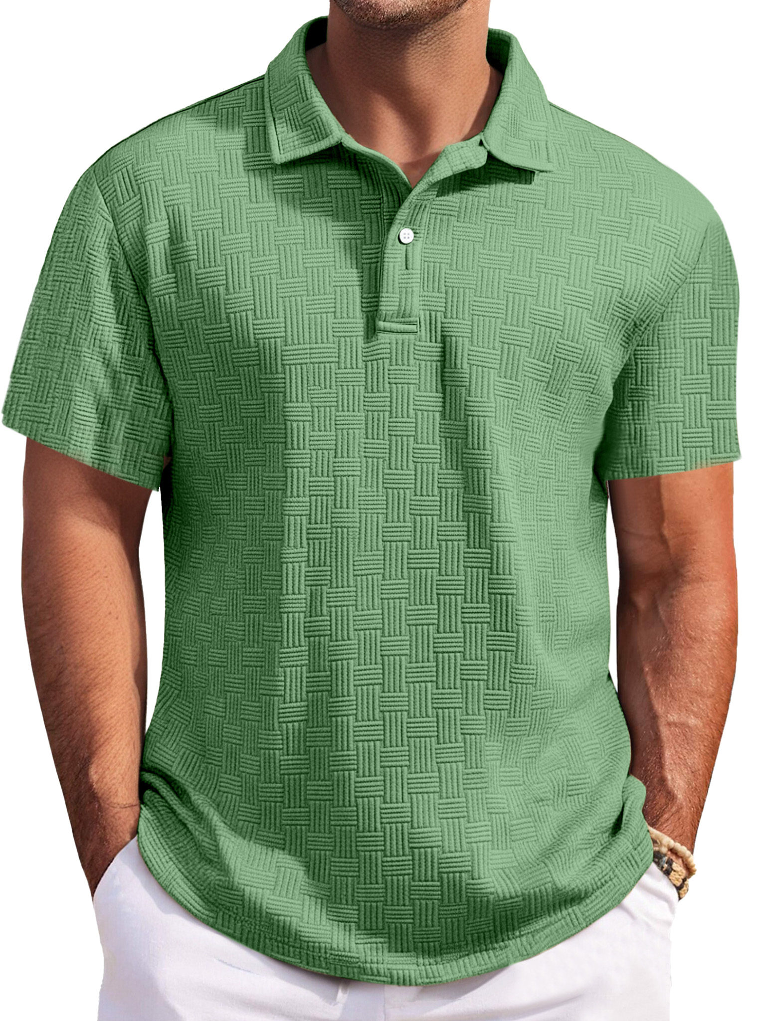 Men's Casual Solid Color Texture Short-sleeved Button Laps Polo Shirt