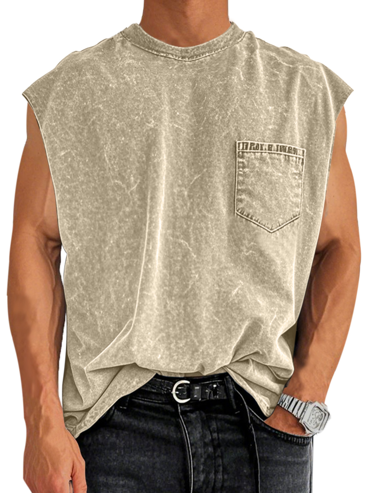 Men's Retro Cotton Washed Pocket Round Neck Sleeveless T-shirt