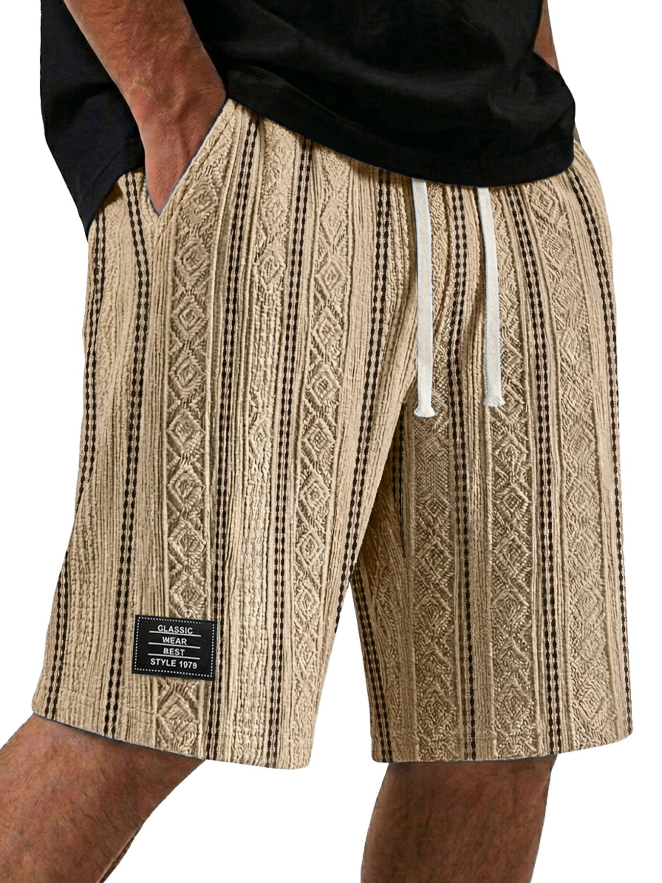 Men's Color-Blocked Textured Embroidered Logo Casual Loose Shorts