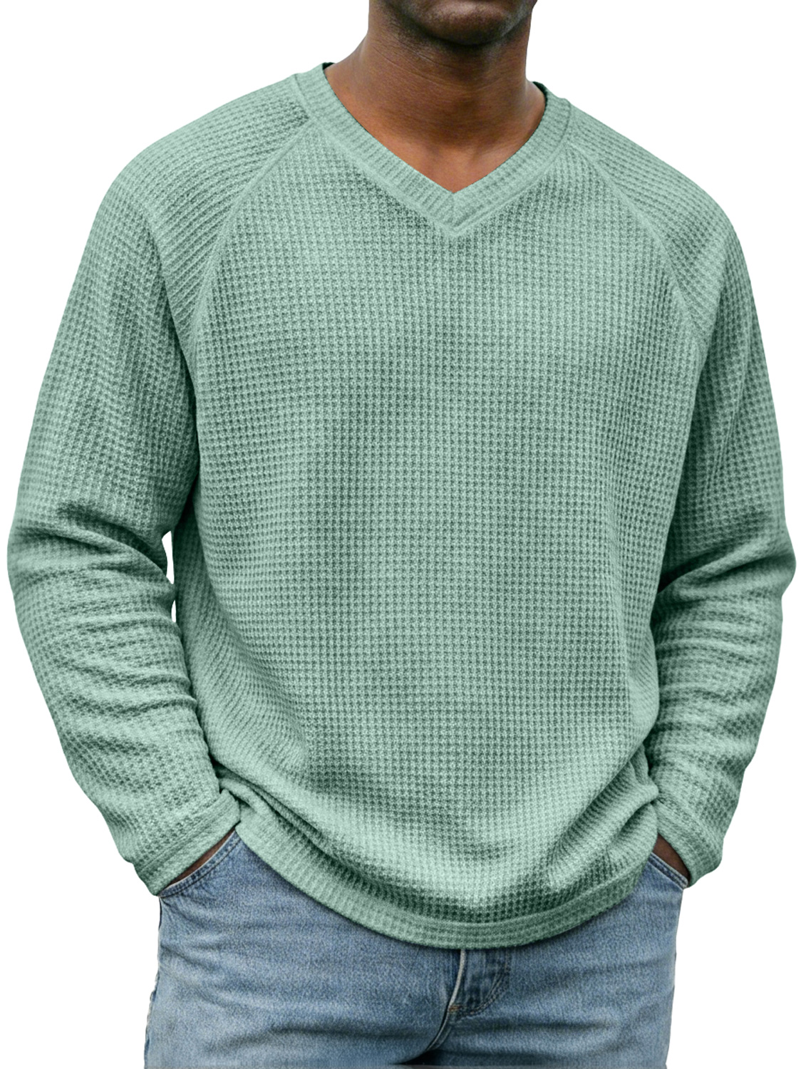 Men's Simple V-neck Raglan Sleeve Waffle Knit Casual Long-sleeved T-shirt