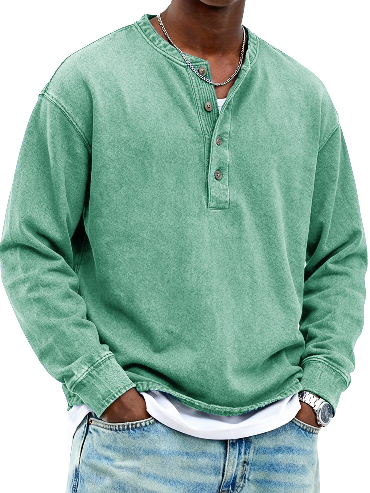 Men's Fashionable Retro Stand Collar Button-Up Long-Sleeved Henley Shirt