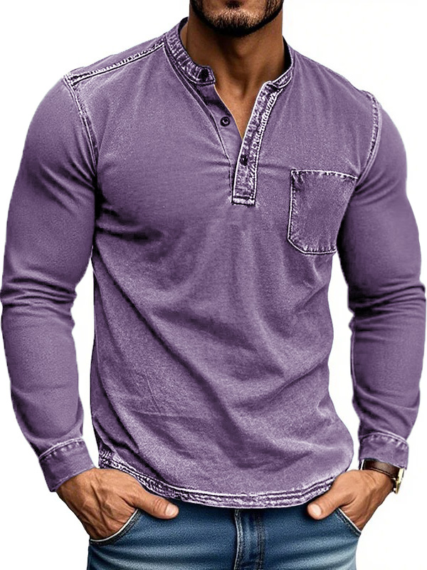Men's Stylish Retro Outdoor Distressed Pocket Stand Collar Long-sleeved Henley Shirt