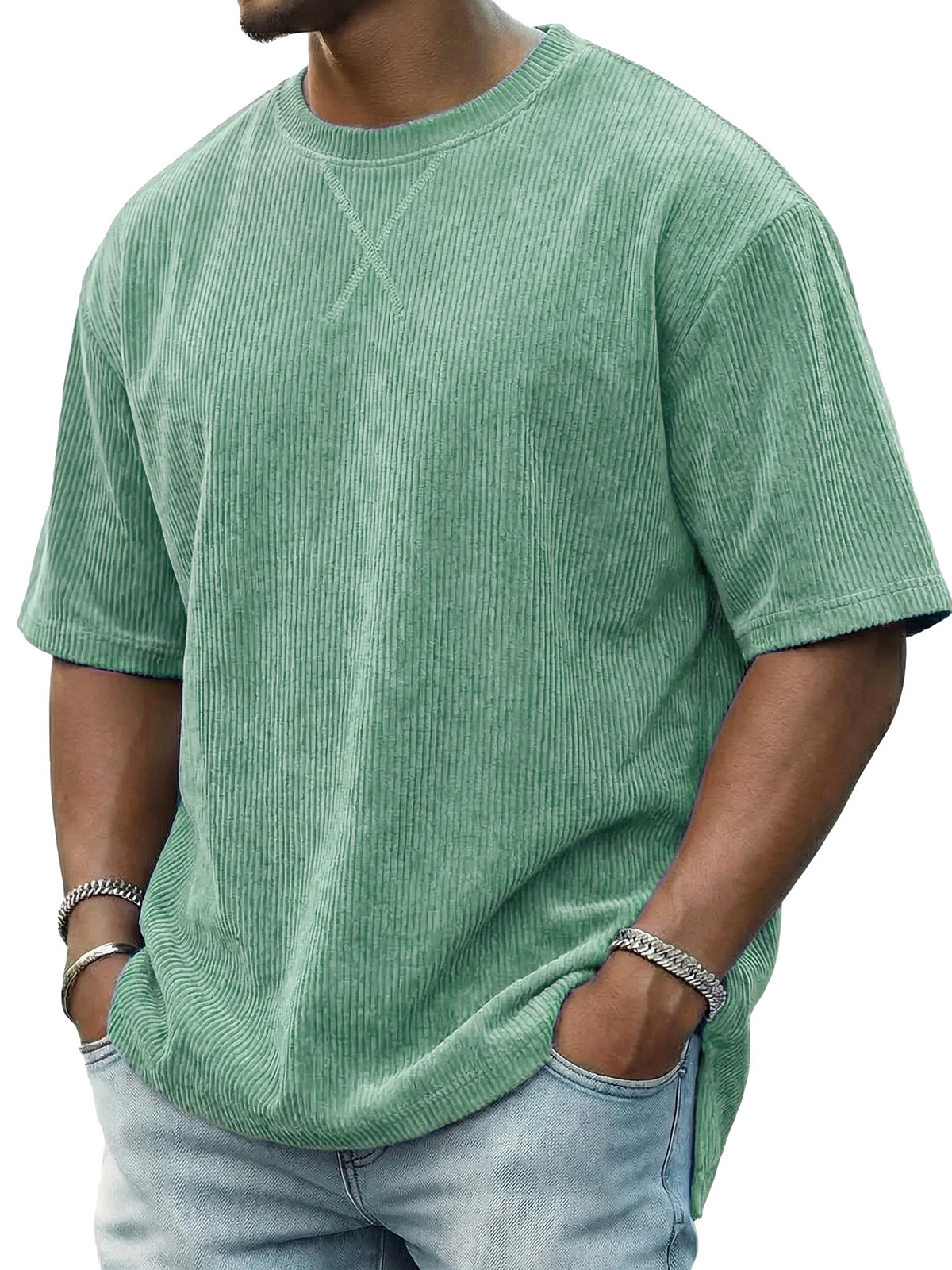 Men's Casual Fashionable Ribbed Crew Neck Short-Sleeve T-Shirt