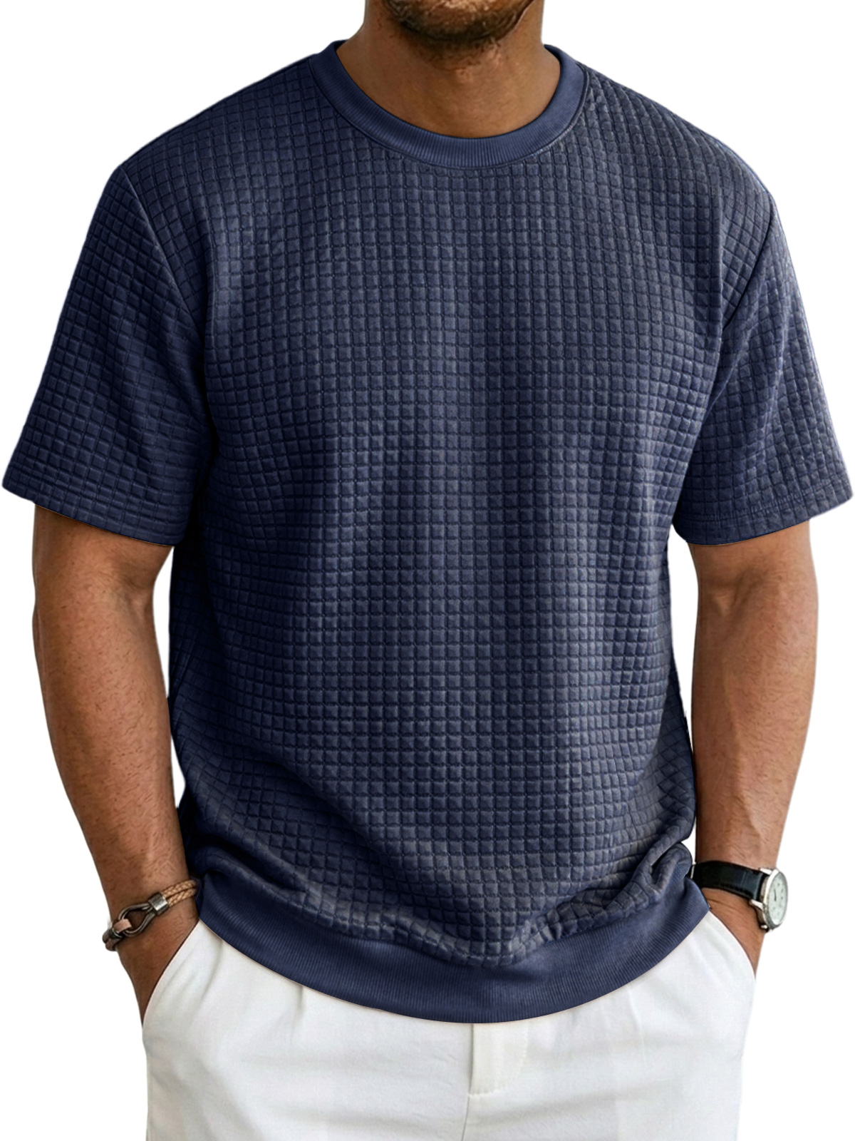 Men's Casual Waffle Knit Crew Neck Comfortable Short Sleeve T-Shirt
