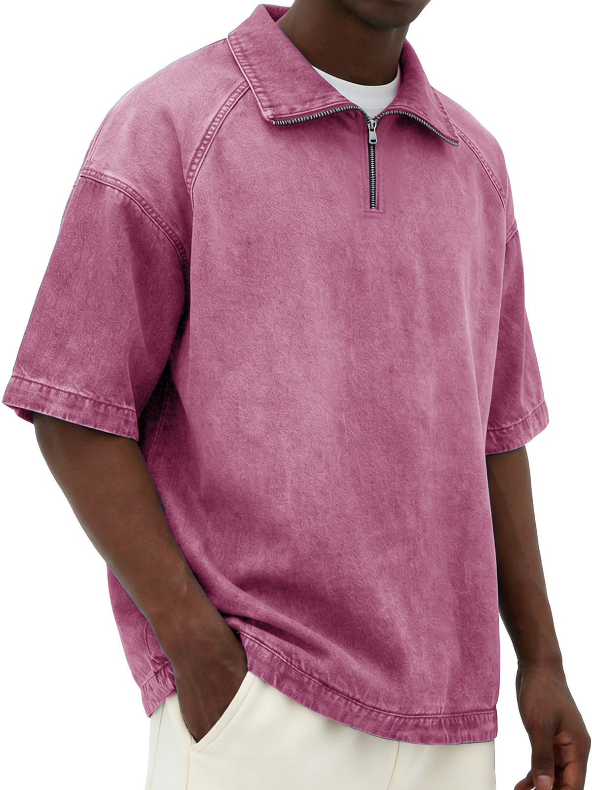 Men's Retro Distressed Zipper Raglan Collar Loose-Fit Short-Sleeve Polo Shirt