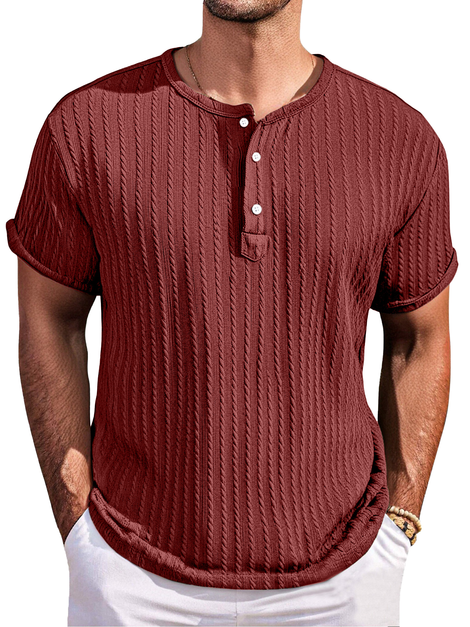 Men's Simple Casual Texture Loose Short-sleeved Henley Shirt