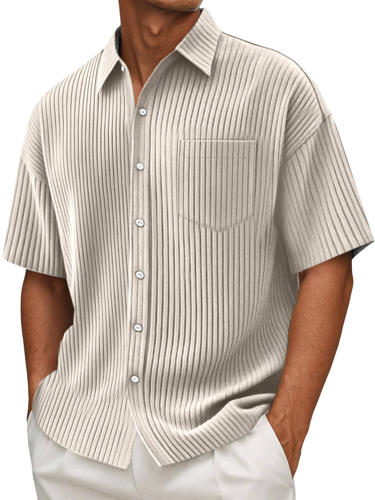Men's Daily Solid Color Vertical Pit Design Short-sleeved Shirt