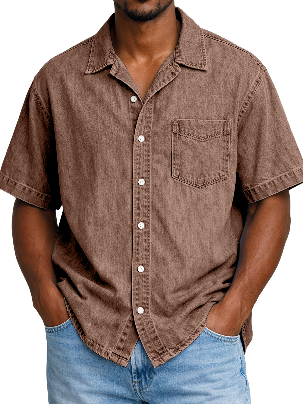 Men's Retro Solid Color Pocketed Cuban Collar Short-Sleeve Shirt