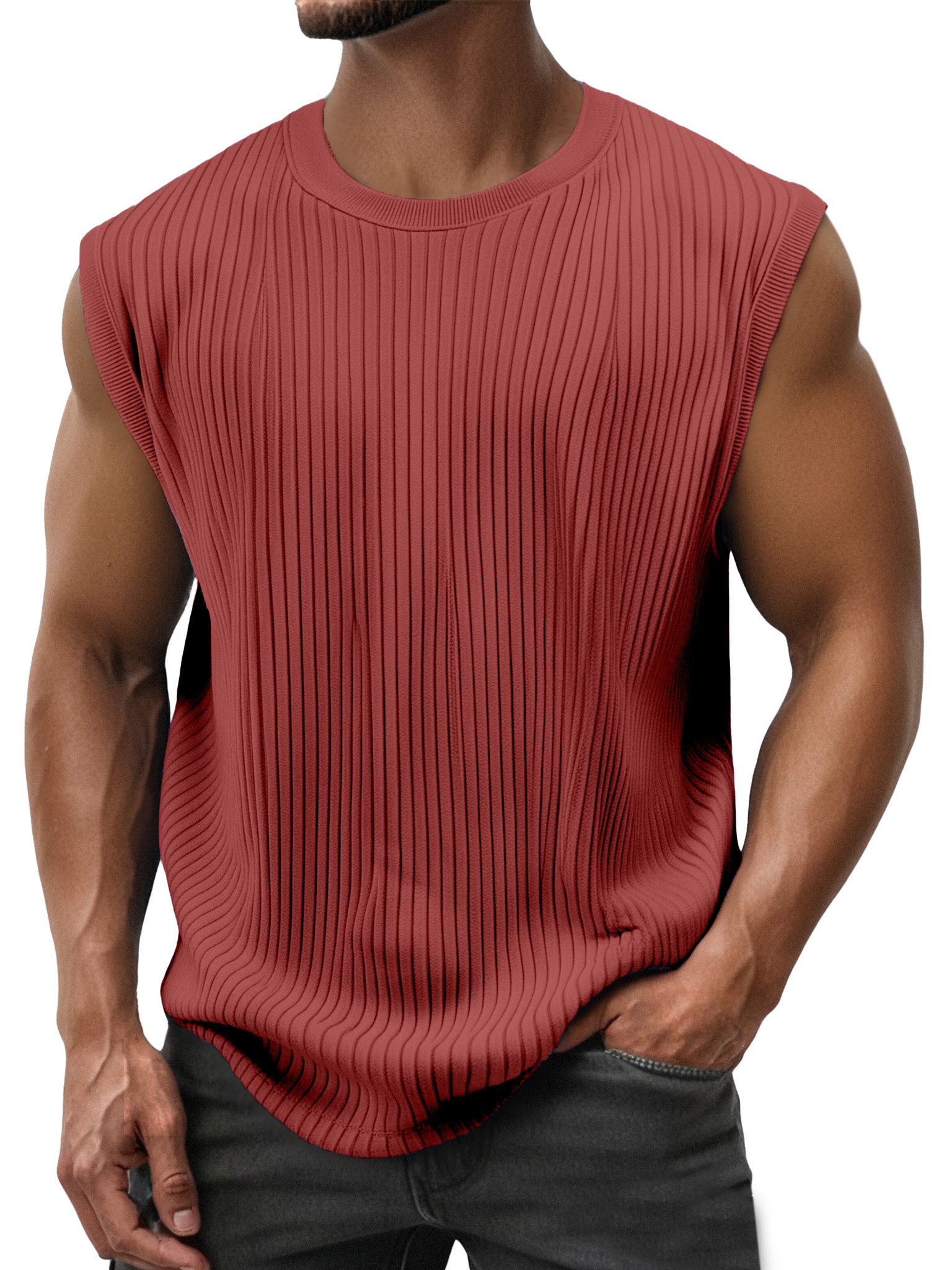 Men's Simple Everyday Solid Color Vertical Strip Sleeveless Round Neck T-shirt