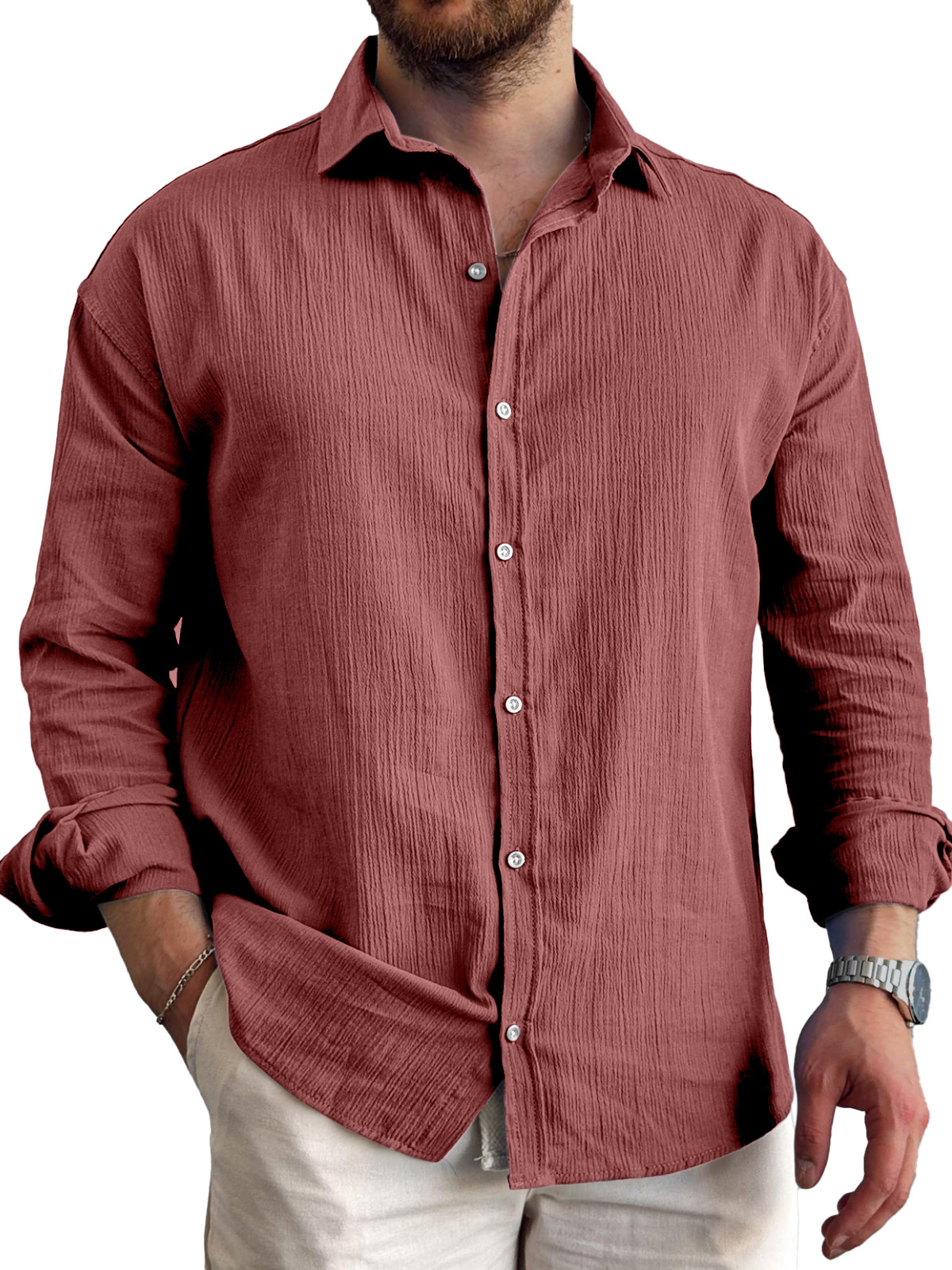 Men's Daily Simple Pleated Textured Lapel Long-sleeved Shirt